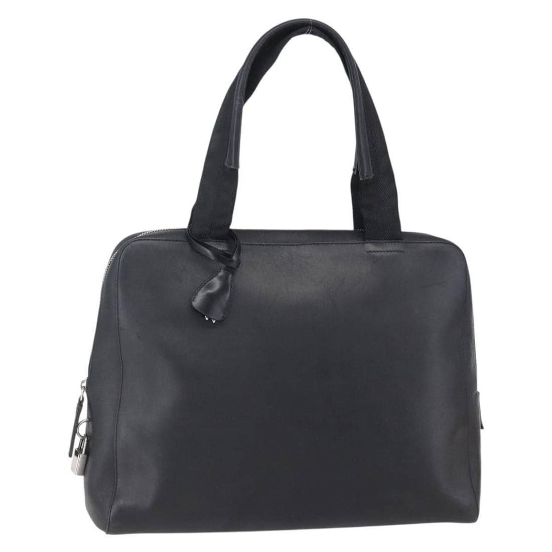 PRADA Black Leather Hand Bag with Silver Accents Authentic: PRADA Black Leather Hand Bag with Silver Accents Authentic This authentic PRADA hand bag showcases a sleek black leather exterior with silver accents, combining luxury and style. Designed and made in 