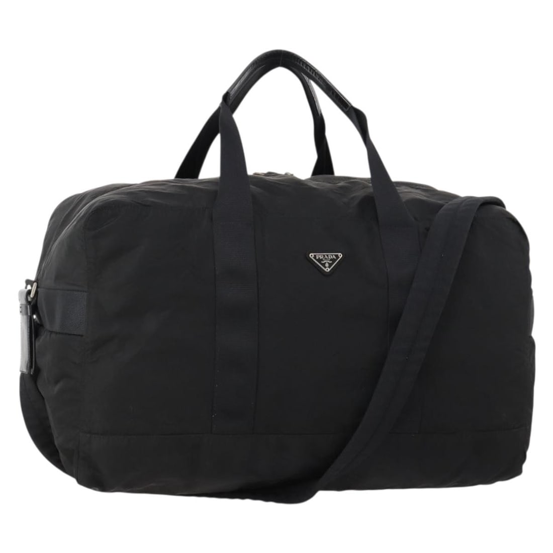 Prada Nylon Black Silver Boston Bag Padlock Clochette Shoulder Strap: Prada Nylon Black Silver Boston Bag Padlock Clochette Shoulder Strap This PRADA Boston Bag is crafted from black nylon with silver-tone accents and offers versatile carrying options with both handles 