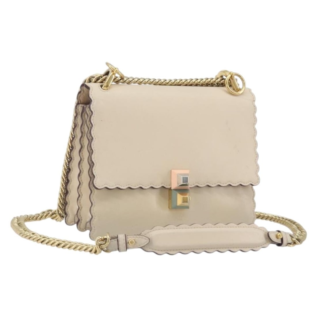 FENDI Beige Leather Shoulder Bag with Gold Chain Strap: FENDI Beige Leather Shoulder Bag with Gold Chain Strap Beige leather shoulder bag with a chain strap and gold-tone accents. This women's bag is made in Italy and has been customized with repainting. I