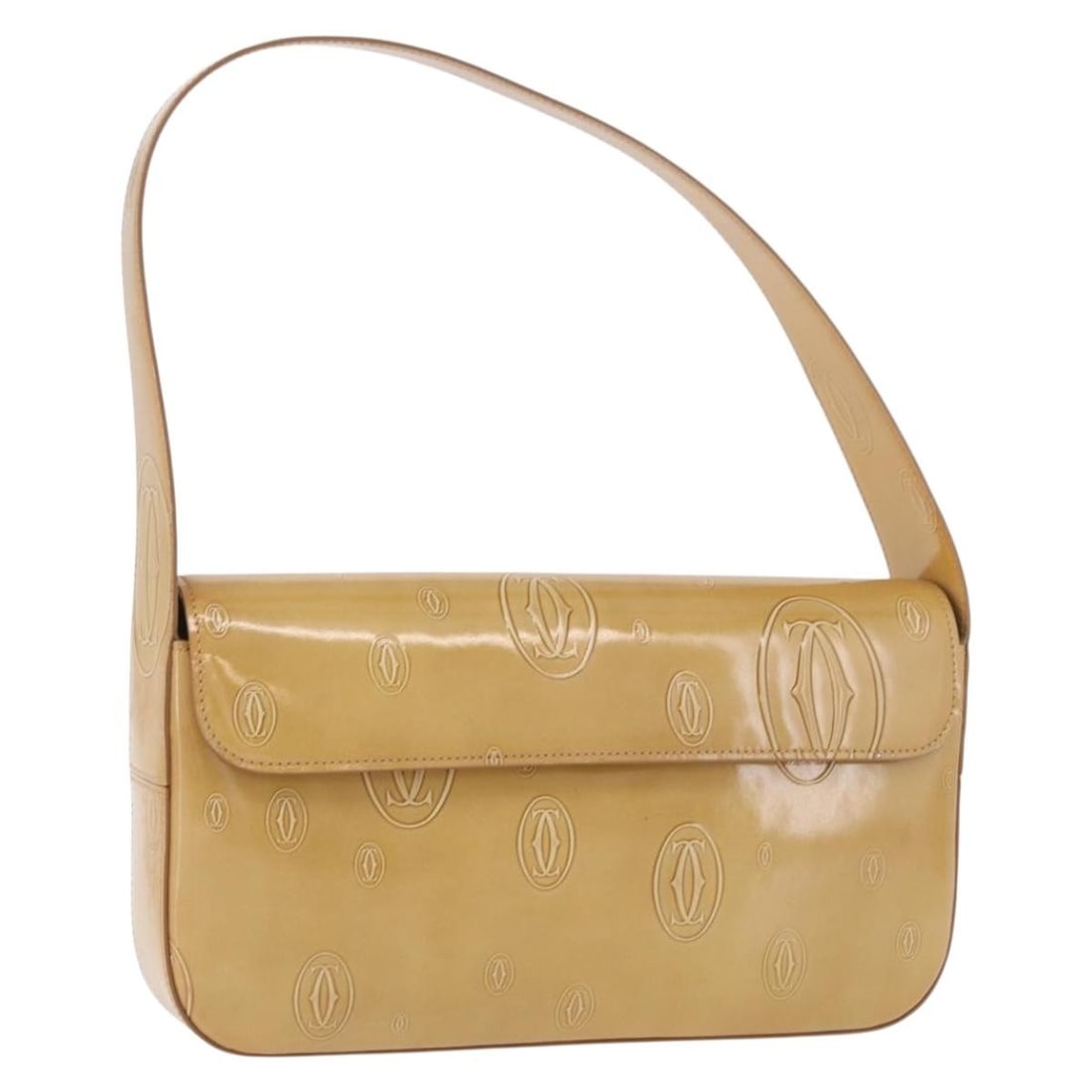 Cartier beige silver patent leather women's handbag: Cartier beige silver patent leather women's handbag Cartier hand bag in patent leather with a beige and silver color combination. Made in Italy, it measures approximately 25 cm wide, 14 cm high, and 4
