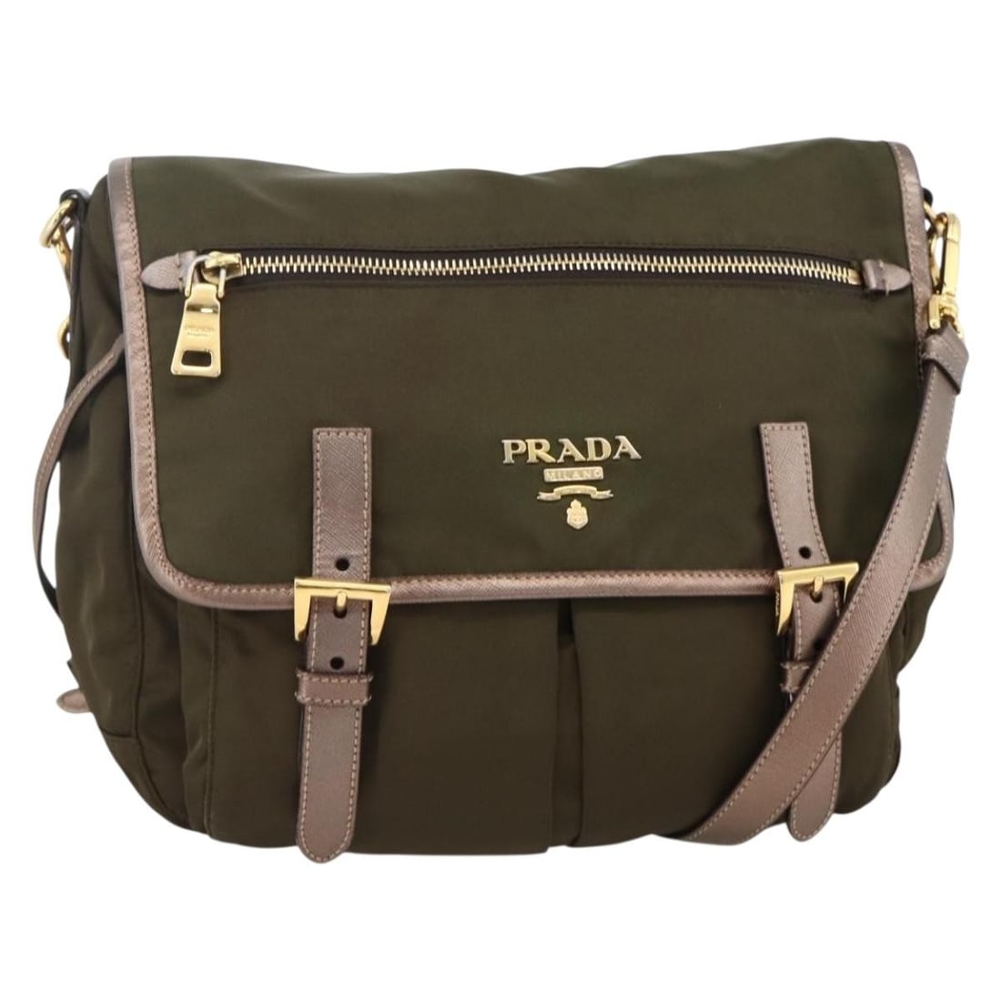 PRADA Nylon Shoulder Bag Khaki Gold Womens Italy mr2228: PRADA Nylon Shoulder Bag Khaki Gold Womens Italy mr2228 PRADA women's shoulder bag in khaki/gold nylon, made in Italy. The bag measures approximately 26 cm W x 24 cm H x 10 cm D, with a shoulder drop 