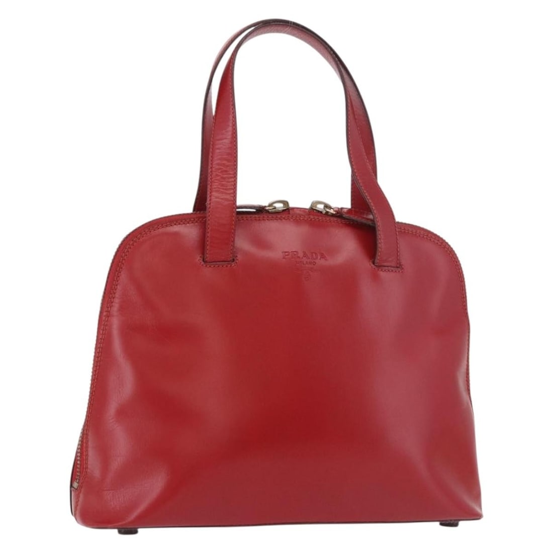 PRADA Red Leather Hand Bag Gold Tone Italy: PRADA Red Leather Hand Bag Gold Tone Italy This Prada women's hand bag is crafted from leather in a red and gold colorway. It was made in Italy and measures approximately 30 cm W x 23 cm H x 11 cm D, 