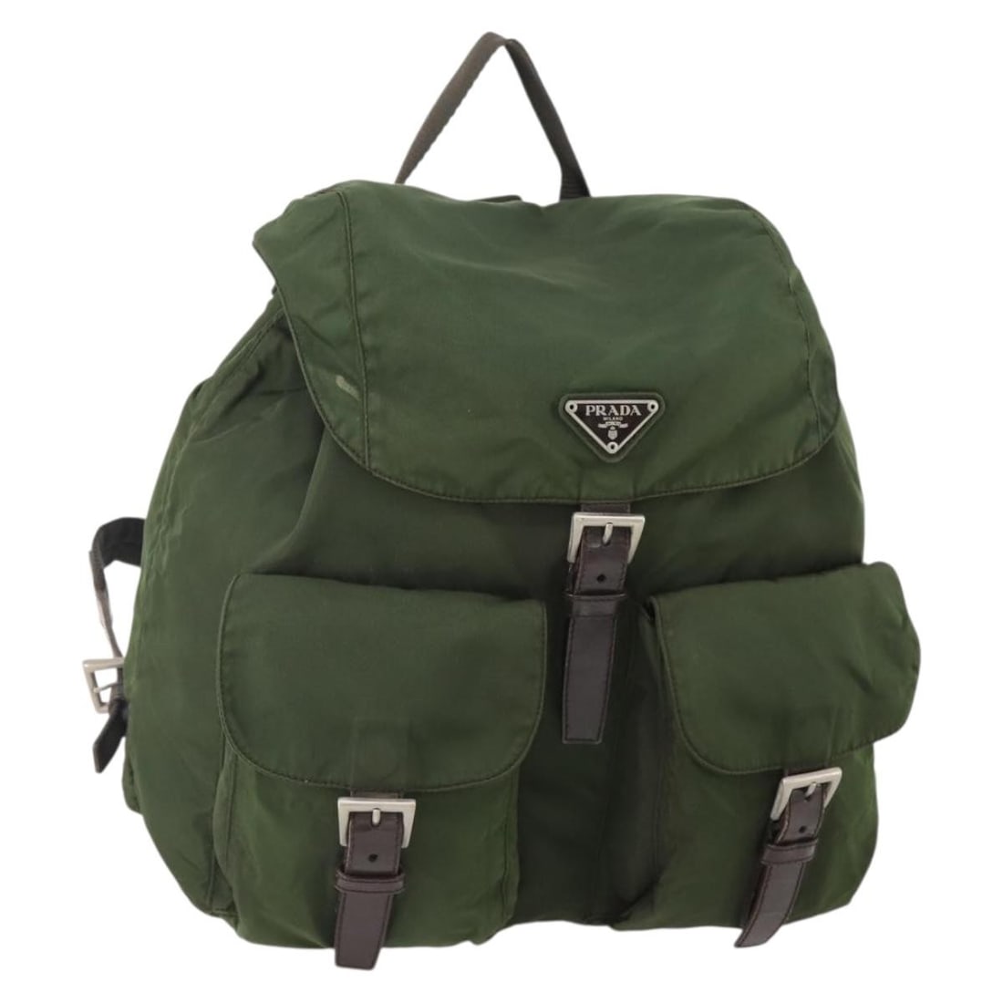 Khaki Silver Nylon Women's Backpack by Prada Italy: Khaki Silver Nylon Women's Backpack by Prada Italy This PRADA backpack features a khaki nylon exterior with silver accents. Designed for women, it offers a spacious main compartment and practical dime