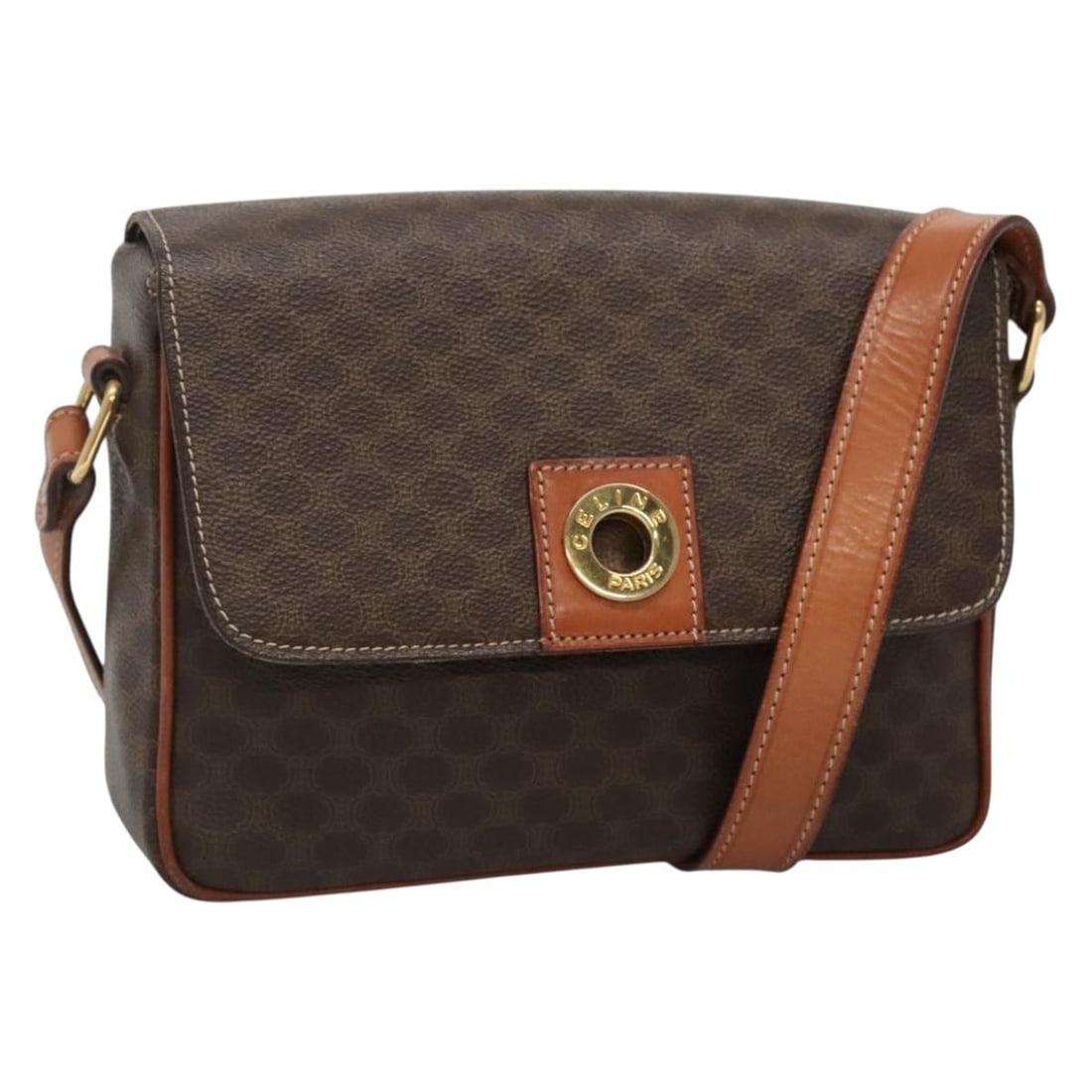 CELINE Macadam Shoulder Bag Brown PVC Leather Canvas Italy: CELINE Macadam Shoulder Bag Brown PVC Leather Canvas Italy Celine Macadam shoulder bag in brown PVC leather and canvas with gold-tone accents. This women's bag is made in Italy and includes only the i