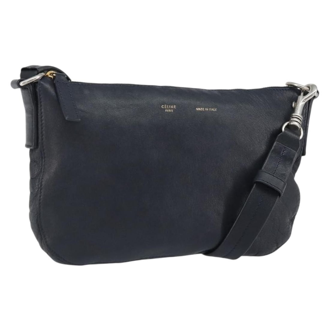 Celine Navy Leather Shoulder Bag with Gold Accents Made in Italy: Celine Navy Leather Shoulder Bag with Gold Accents Made in Italy This Celine shoulder bag features a navy leather exterior with gold-tone accents. Made in Italy, it has a structured design with an app