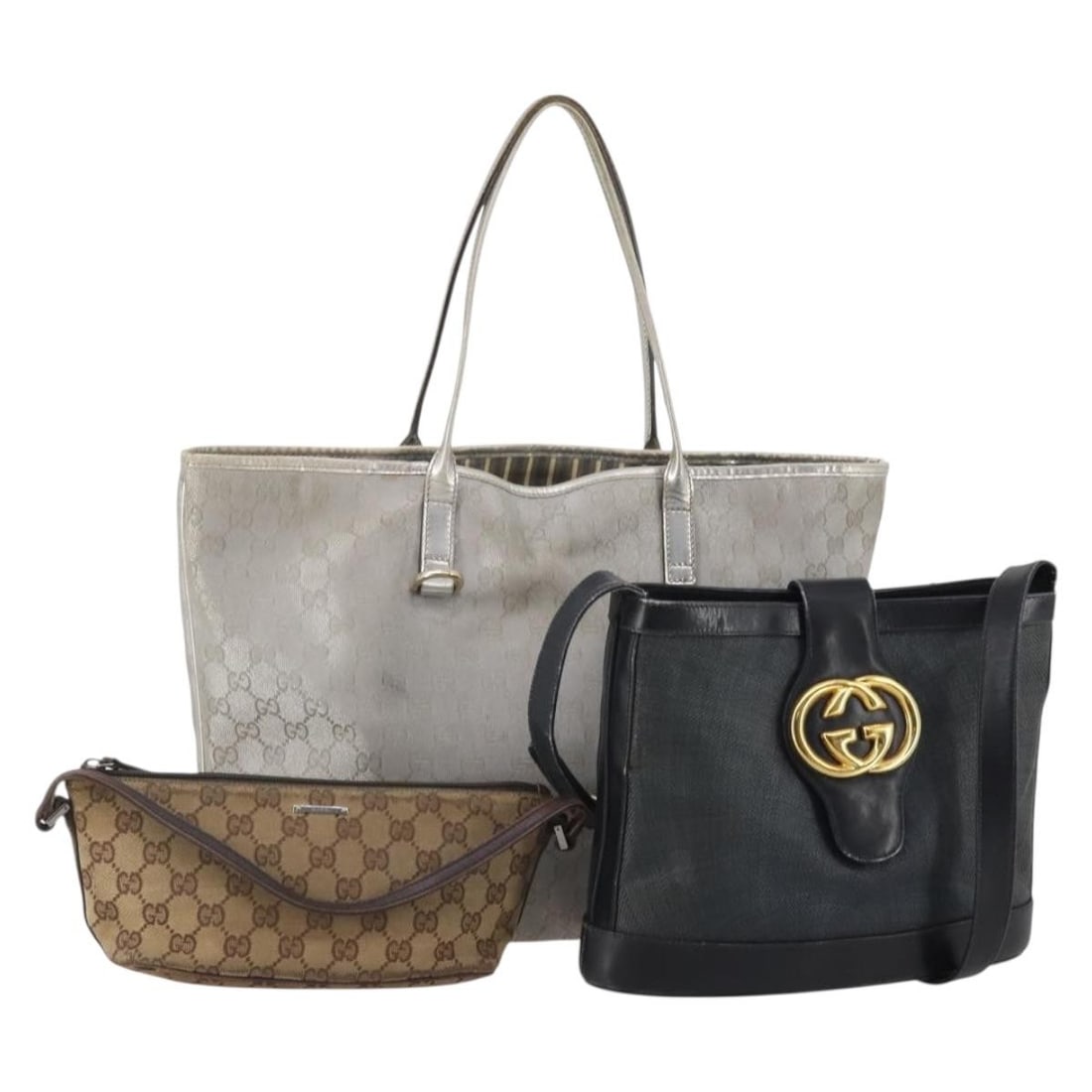 GUCCI 3 Piece GG Canvas PVC Handbag Bundle Black Beige Silver: GUCCI 3 Piece GG Canvas PVC Handbag Bundle Black Beige Silver Set of 3 Gucci GG canvas hand bags in black, beige, and silver with PVC leather trim. Made in Italy, this bundle is offered as photographe