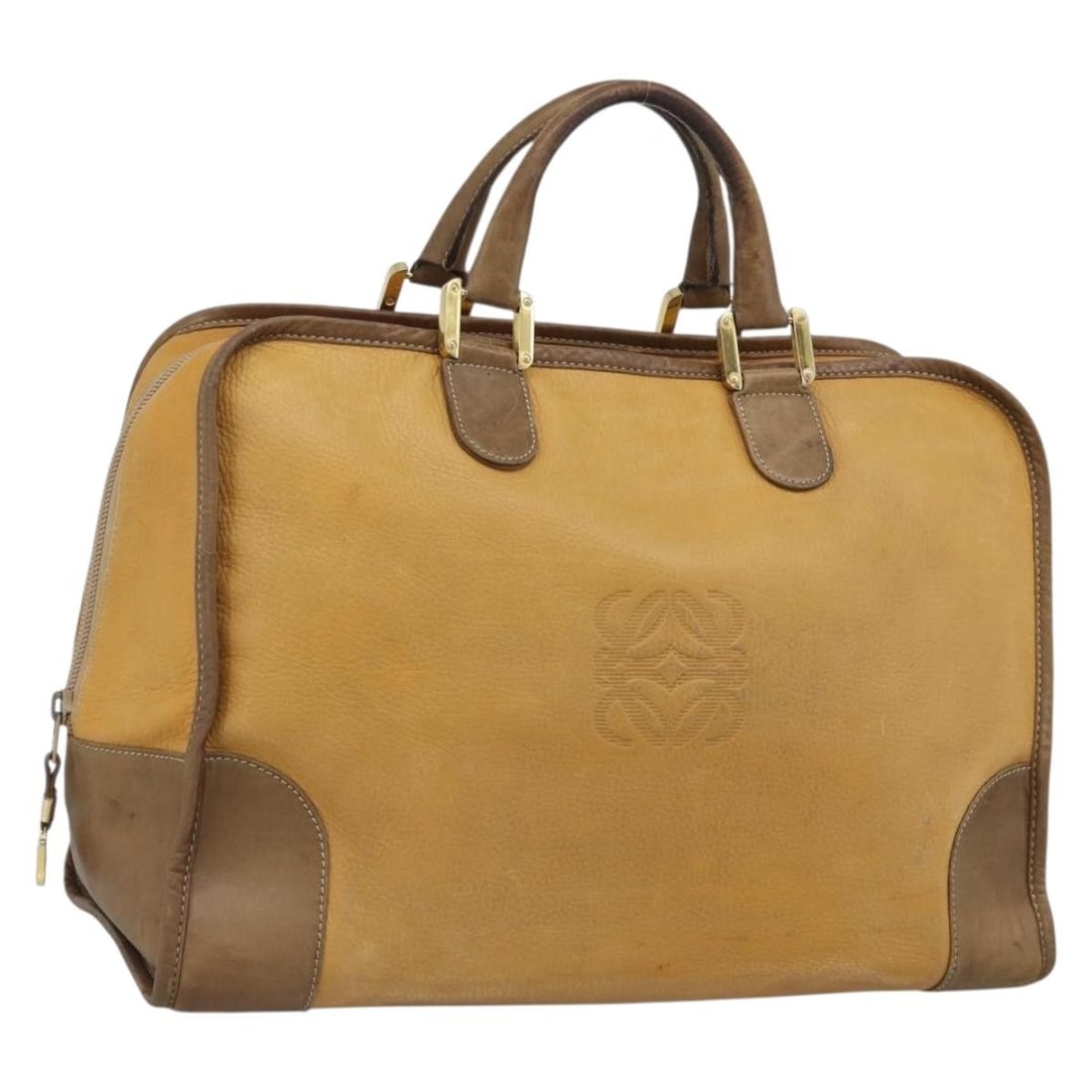 LOEWE beige leather Boston bag gold tone Spain: LOEWE beige leather Boston bag gold tone Spain Authentic LOEWE Boston bag in beige and gold leather. This women's handbag was made in Spain and has been customized with repainting. It is sold as pictu
