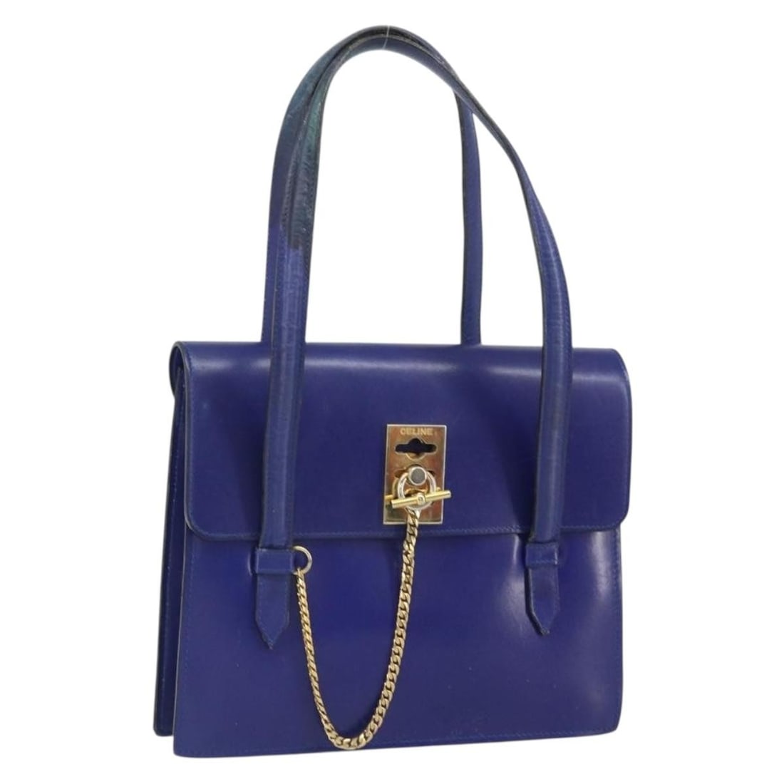 CELINE Blue Gold Leather Hand Bag Made in Italy: CELINE Blue Gold Leather Hand Bag Made in Italy Celine leather hand bag in blue with gold-tone accents. Made in Italy, this women's bag is a heavily used piece with visible wear throughout. Condition 
