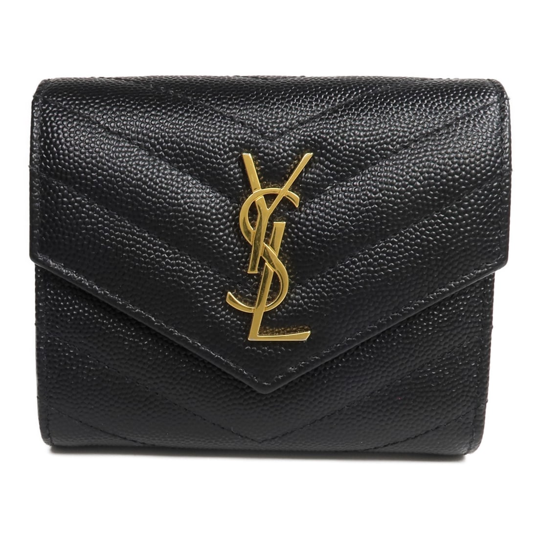 SAINT LAURENT YSL tri-fold wallet black calfskin leather GHW: SAINT LAURENT YSL tri-fold wallet black calfskin leather GHW A Saint Laurent tri-fold wallet in black calfskin (cowhide) leather with a black frame color and gold-tone hardware (GHW). Designed for wom