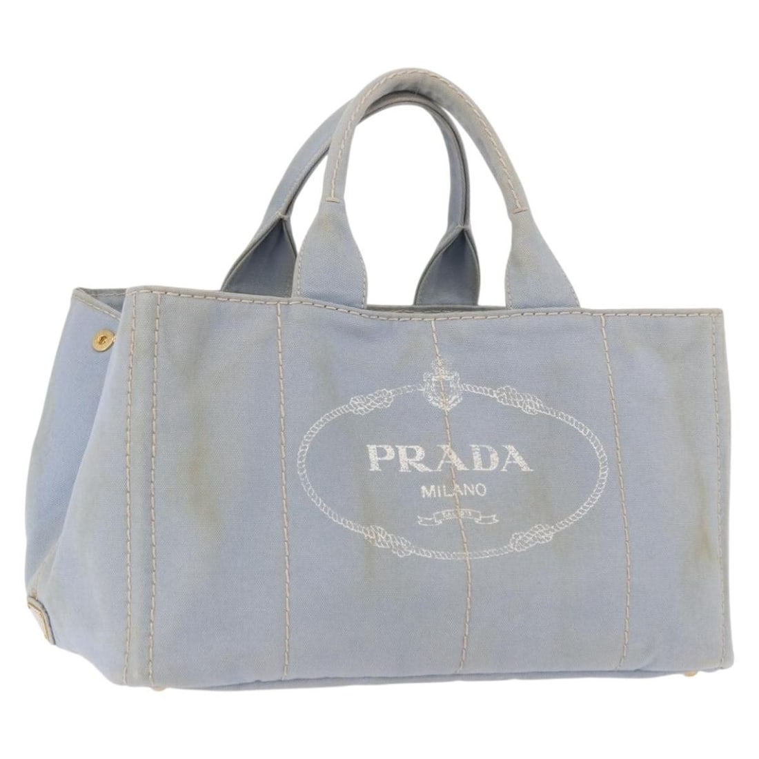Prada Canapa MM Canvas Tote Hand Bag Light Blue Gold: Prada Canapa MM Canvas Tote Hand Bag Light Blue Gold Prada Canapa MM handbag in light blue canvas with gold-tone accents. Made in Italy, this women's handbag is offered without the original box or dus