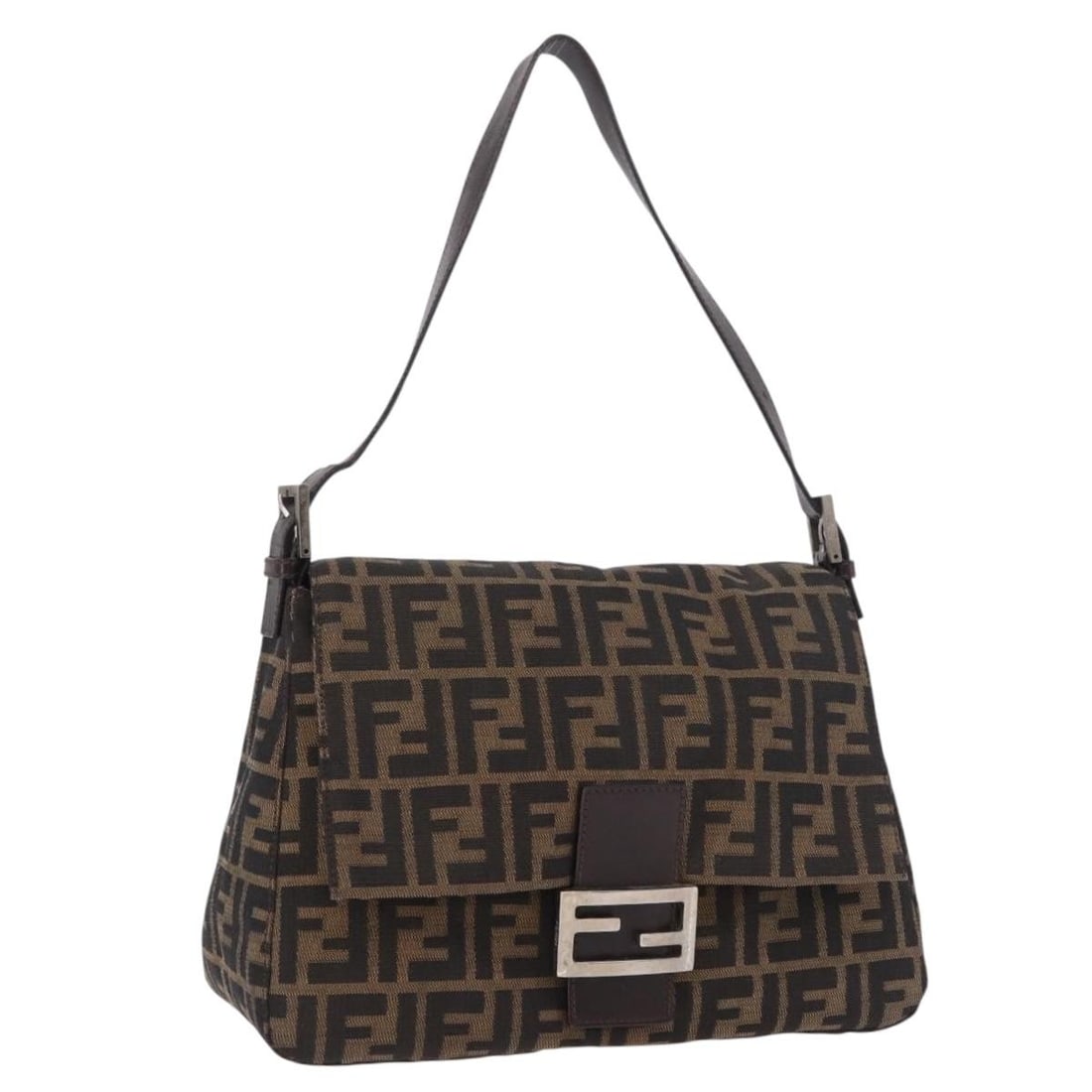 Fendi Mamma Baguette Shoulder Bag Zucca Canvas Black Brown Silver: Fendi Mamma Baguette Shoulder Bag Zucca Canvas Black Brown Silver FENDI Mamma Baguette shoulder bag in Zucca canvas with a black, brown, and silver colorway. Made in Italy, this women's bag measures a