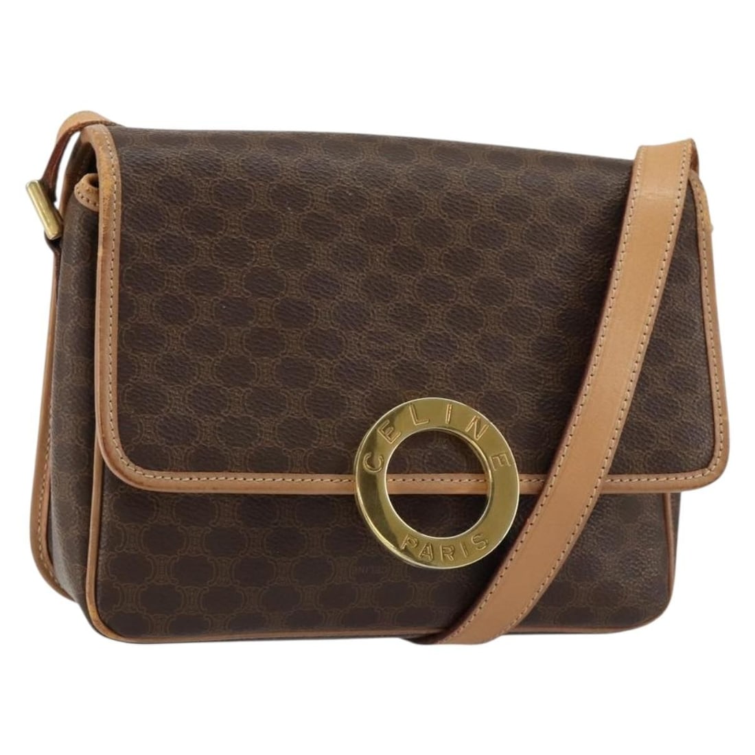CELINE Brown Gold PVC Leather Macadam Circle Shoulder Bag Auth 153317: CELINE Brown Gold PVC Leather Macadam Circle Shoulder Bag Auth 153317 Introducing the CELINE Macadam Canvas Circle Shoulder Bag, a stylish accessory crafted in Italy. This bag features a combination o
