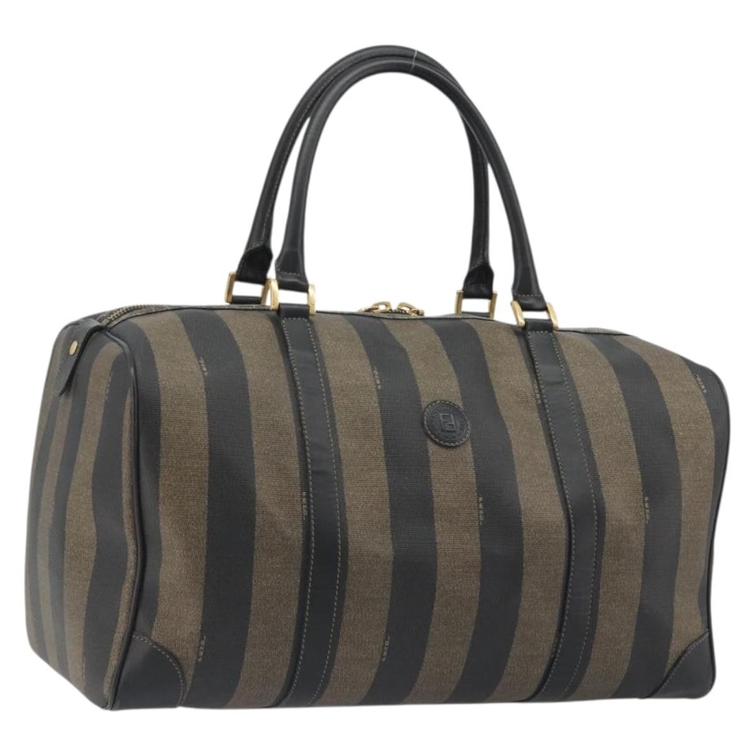 Fendi Pequin Canvas Boston Bag in Black Brown PVC Leather: Fendi Pequin Canvas Boston Bag in Black Brown PVC Leather Authentic Fendi Boston bag in black and brown Pequin canvas with PVC leather trim. This women's handbag was made in Italy and includes only th