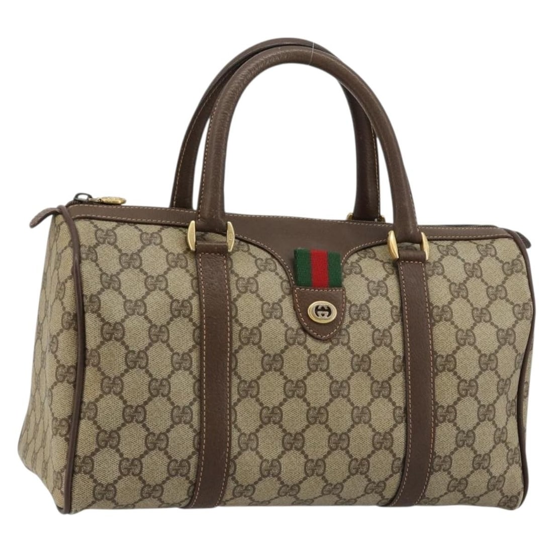 Gucci Sherry Line GG Supreme PVC Boston Bag Beige Gold 39 02 007: Gucci Sherry Line GG Supreme PVC Boston Bag Beige Gold 39 02 007 Gucci GG Supreme Web Sherry Line Boston Bag in beige and gold, made of PVC leather/GG canvas and manufactured in Italy. This women's Bo