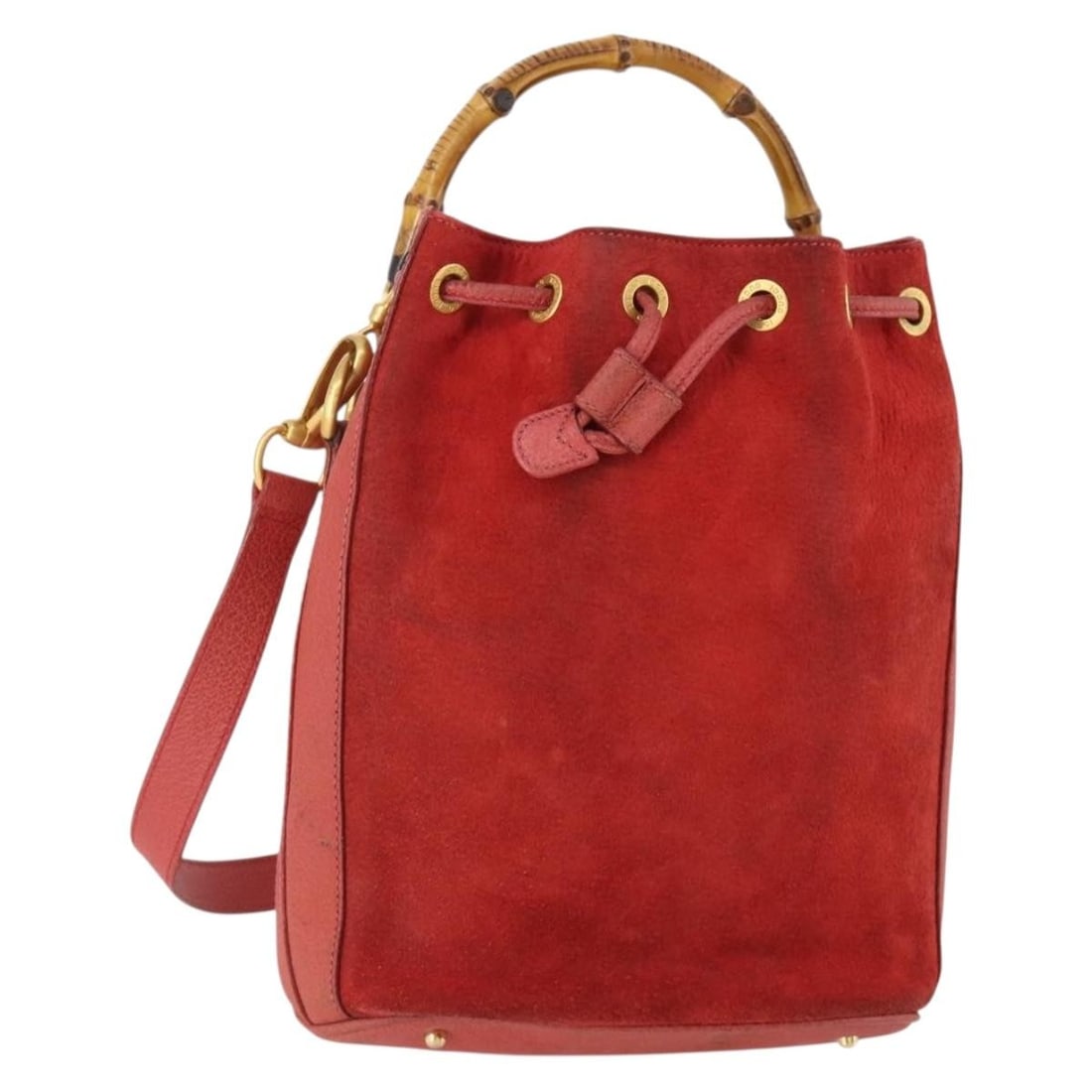 Gucci red suede bamboo shoulder bag with strap 001 2865 1657: Gucci red suede bamboo shoulder bag with strap 001 2865 1657 This GUCCI Bamboo Shoulder Bag is crafted from red and gold suede and offers versatile 2-way carrying options with both a handle and a deta