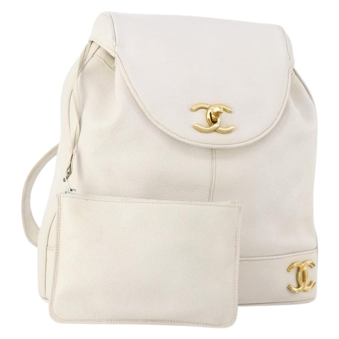 CHANEL Triple Coco Caviar Skin Backpack White Gold with Pouch: CHANEL Triple Coco Caviar Skin Backpack White Gold with Pouch Authentic CHANEL Triple Coco backpack in white caviar skin with gold-tone accents. This women's backpack includes a pouch and is made in I