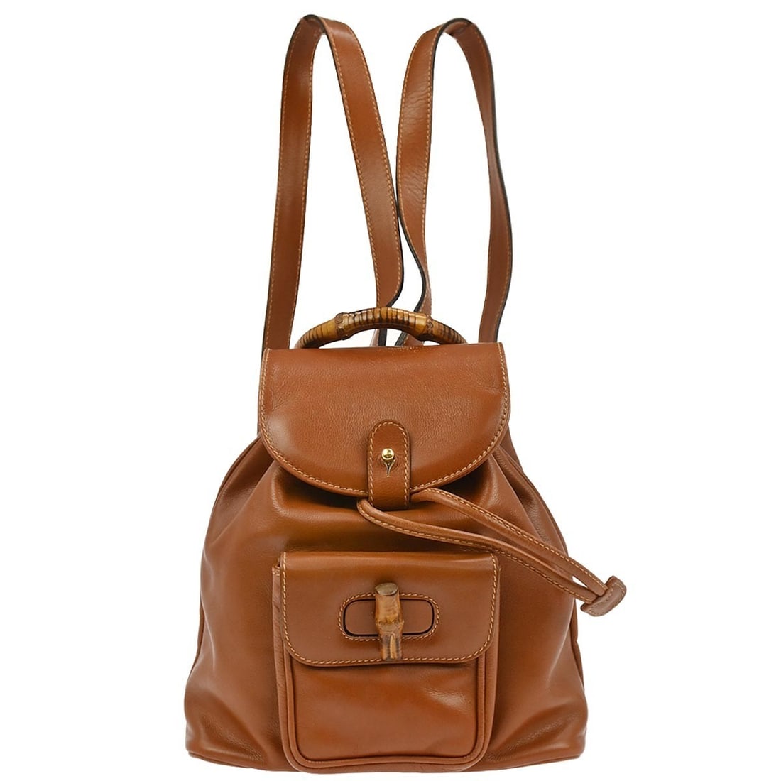Gucci Bamboo Small Brown Leather Backpack with Buckle Closure: Gucci Bamboo Small Brown Leather Backpack with Buckle Closure Gucci Bamboo small backpack in brown leather with bamboo accents and a top handle. This women's backpack features a buckle closure, an adj