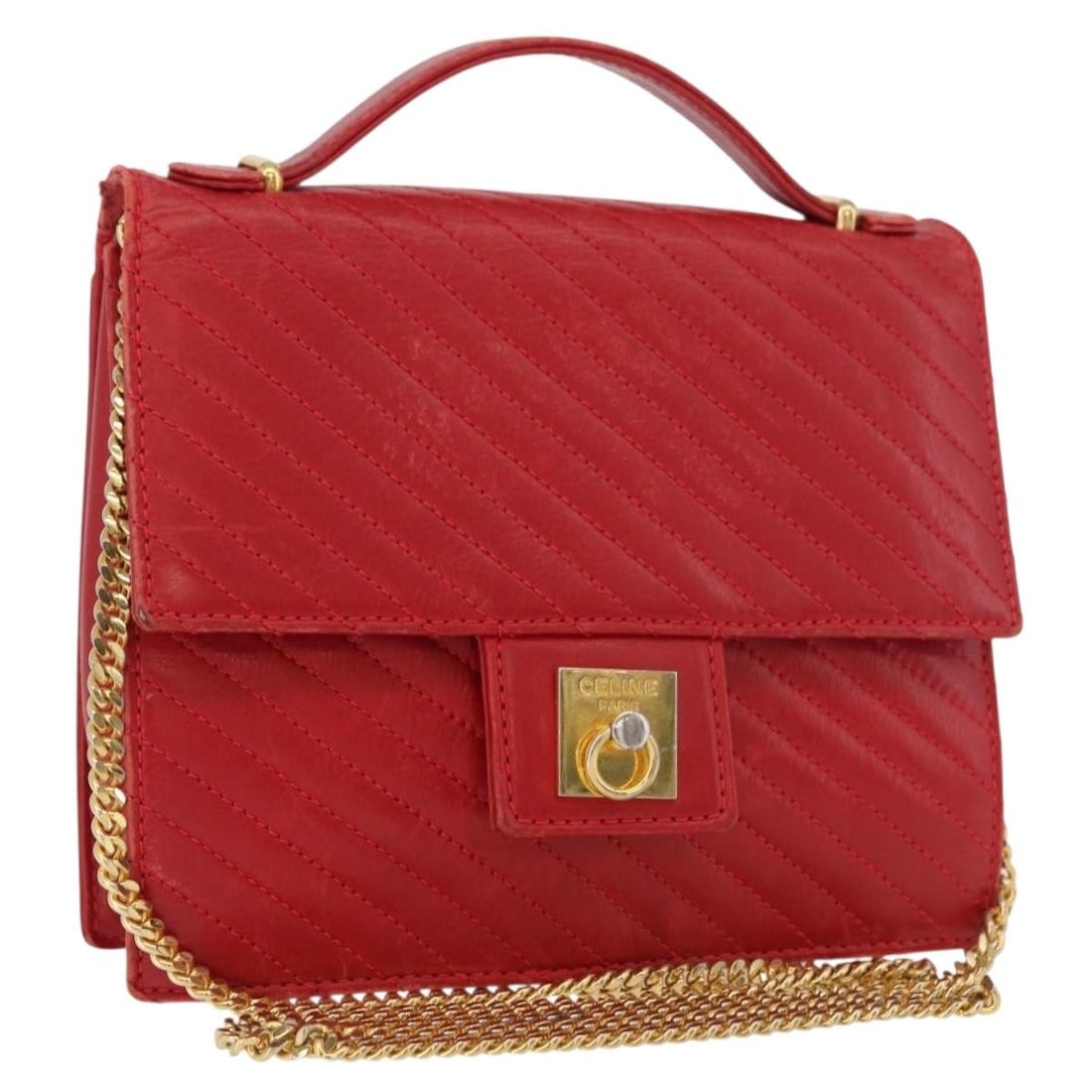 CELINE red leather 2way chain shoulder bag gold tone Italy: CELINE red leather 2way chain shoulder bag gold tone Italy Authentic CELINE 2-way chain shoulder bag in red leather with gold-tone accents. Made in Italy, this women's bag includes a chain shoulder st
