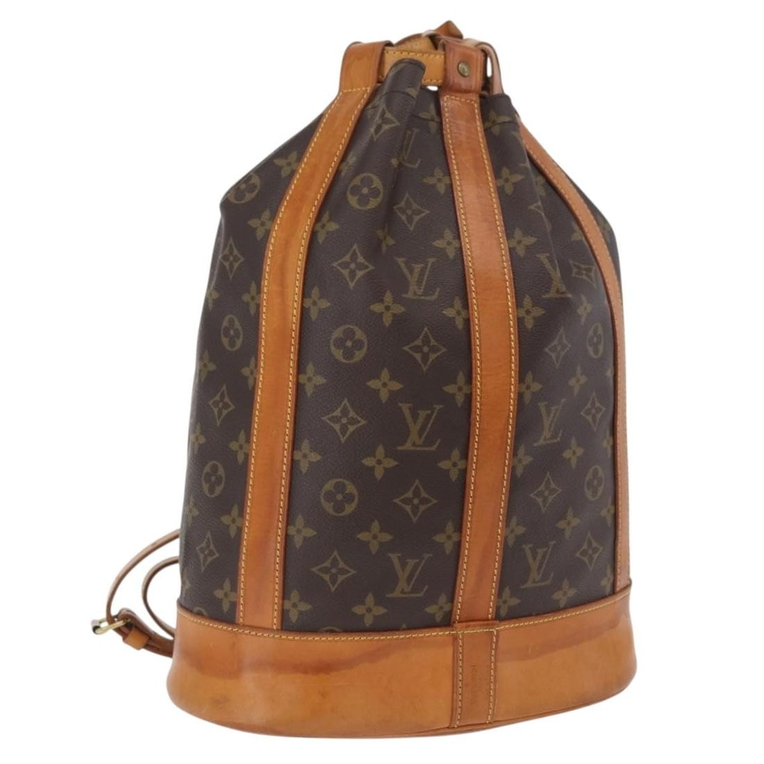 Louis Vuitton Randonnee Brown Monogram Canvas Backpack: Louis Vuitton Randonnee Brown Monogram Canvas Backpack This Louis Vuitton Randonnee Backpack features the iconic Monogram Canvas in brown, designed for unisex use. The bag shows signs of wear consiste