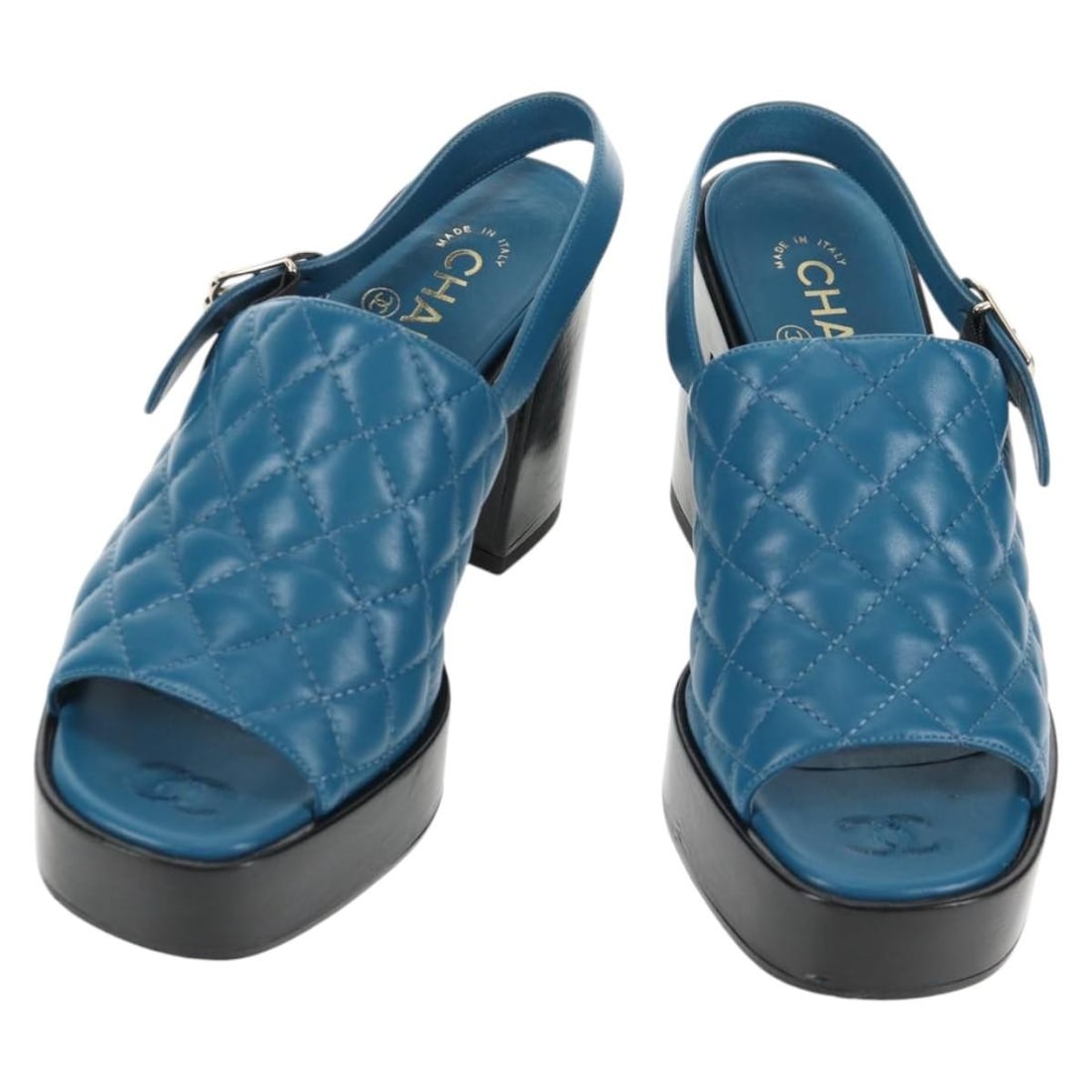 CHANEL Matelasse Blue Leather Heel Sandals with Dust Bag Box (1 of 18)