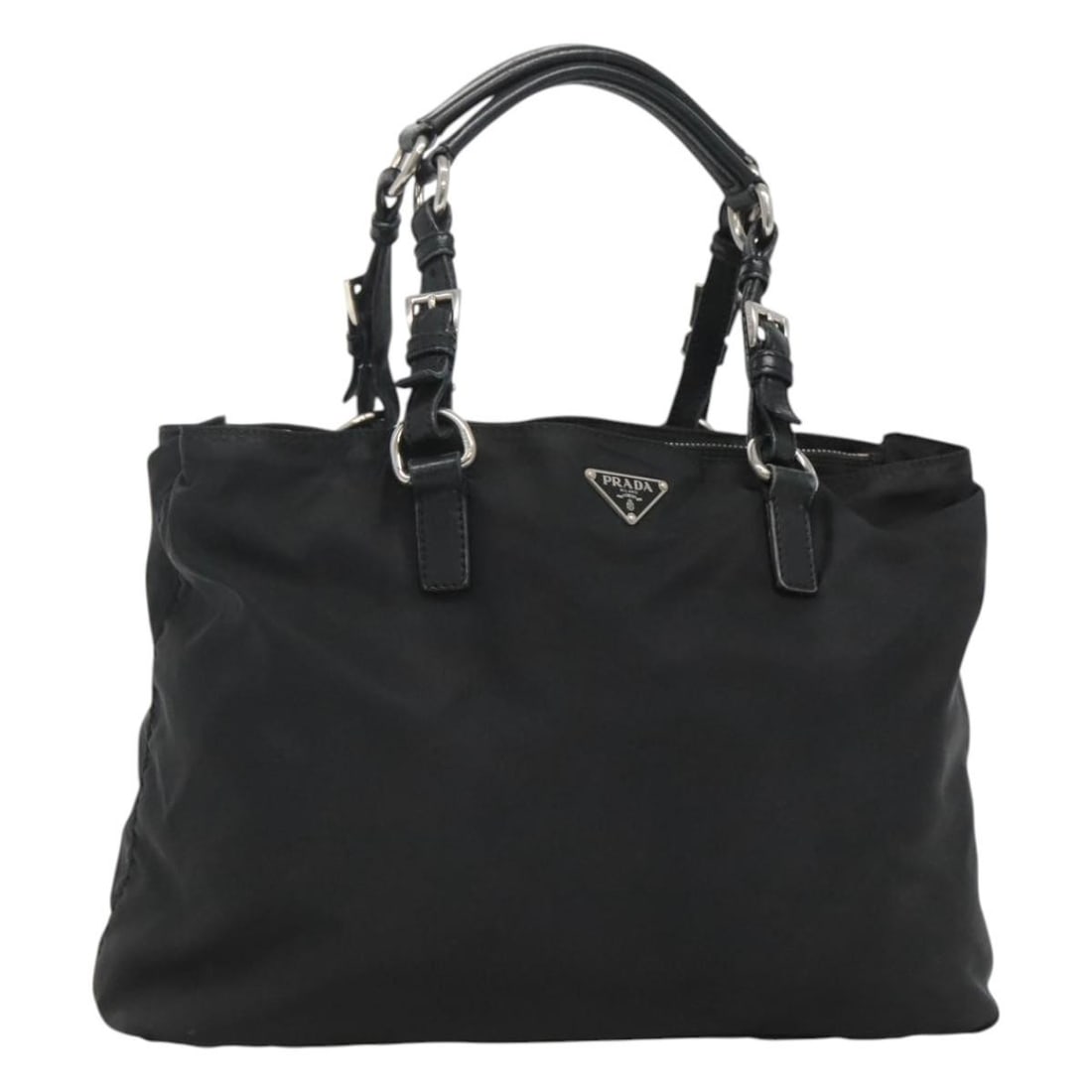 PRADA Nylon Tote Handbag Black Silver with Guarantee Card: PRADA Nylon Tote Handbag Black Silver with Guarantee Card Prada tote bag in black nylon with silver-tone accents. Made in Italy, this women's bag includes the guarantee card. Condition is heavily used