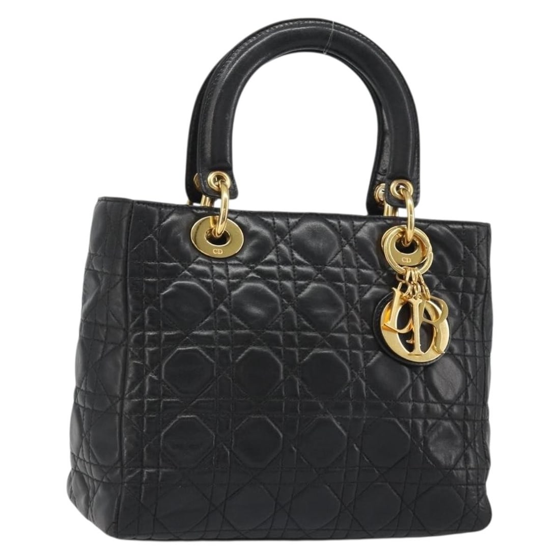 Christian Dior Canage Lamb Skin Hand Bag Black Gold Charm: Christian Dior Canage Lamb Skin Hand Bag Black Gold Charm Christian Dior Cannage handbag in black lamb skin with gold-tone accents. Made in Italy, this women's handbag includes a charm accessory. Cond