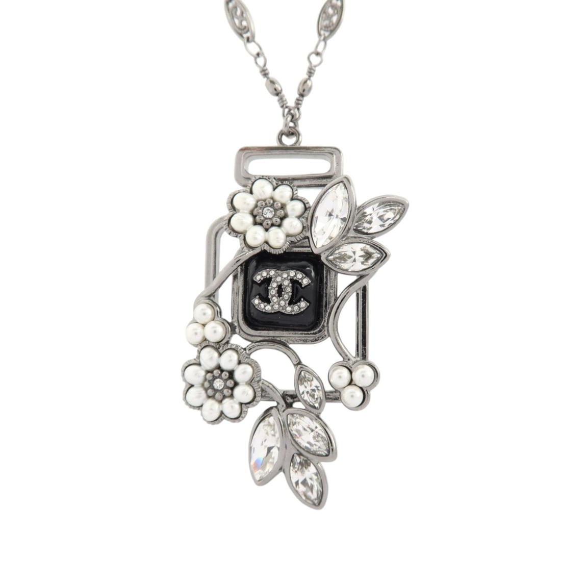 CHANEL No5 Perfume Bottle Necklace CC SHW B22K Metal PVC: CHANEL No5 Perfume Bottle Necklace CC SHW B22K Metal PVC A CHANEL CC SHW No5 perfume bottle necklace featuring a silver and white color scheme with black accents. It is made from metal and PVC, and in