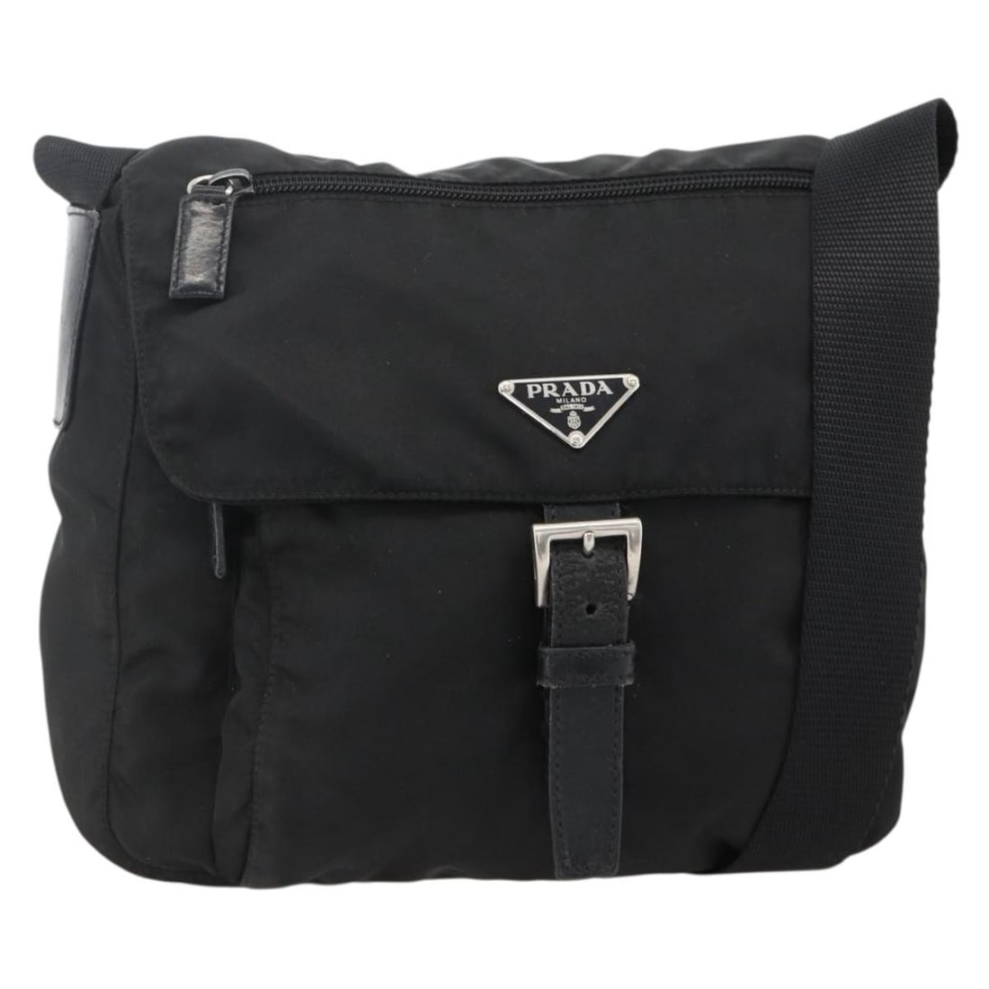 Prada Black Nylon Shoulder Bag with Guarantee Card Silver Tone: Prada Black Nylon Shoulder Bag with Guarantee Card Silver Tone Black and silver Prada shoulder bag made of nylon, with a shoulder strap and a guarantee card. It was made in Italy and has serial no. 53
