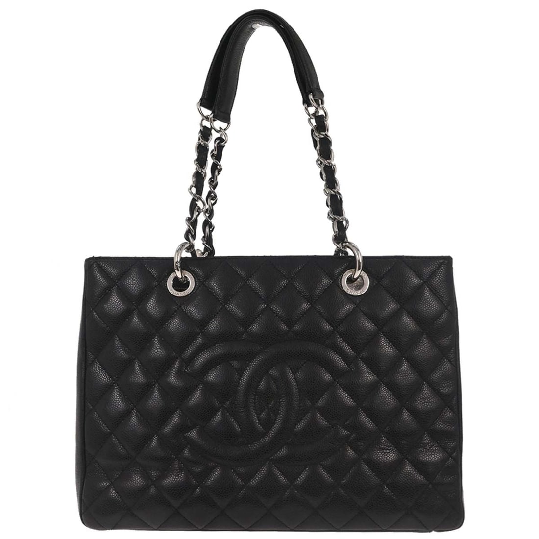 CHANEL GST Grand Shopping Tote Black Calfskin Chain Bag: CHANEL GST Grand Shopping Tote Black Calfskin Chain Bag Chanel Grand Shopping Tote GST chain handbag in black caviar skin leather. This medium tote features double handles, logo accents, an exterior p