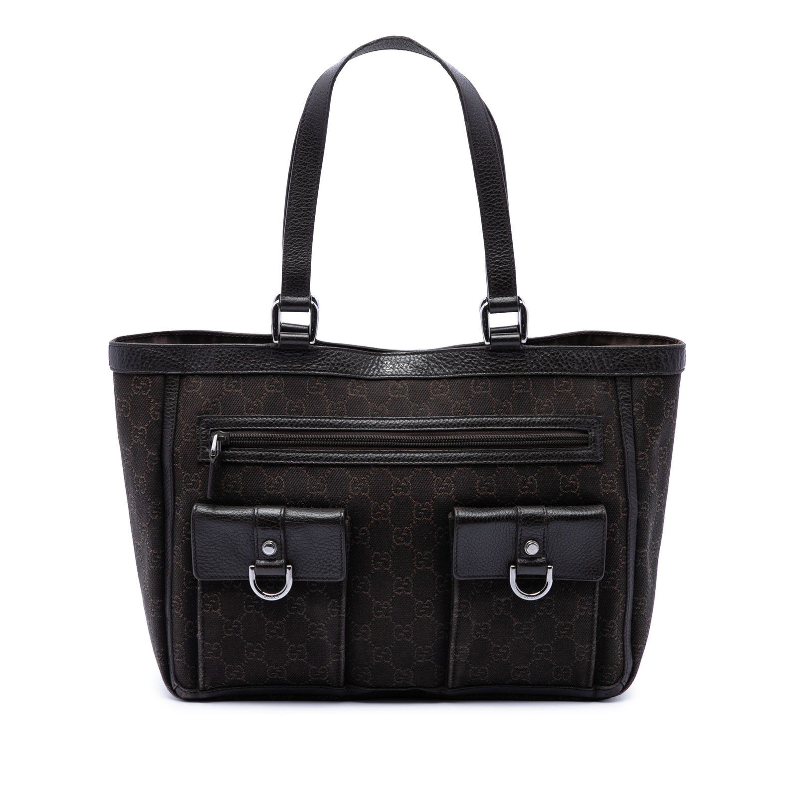 Gucci Abbey D Ring Pocket Tote in GG Denim: Gucci Abbey D Ring Pocket Tote in GG Denim Gucci GG Denim Abbey D-Ring Pocket Tote bag made in Italy. It features a denim body with leather trim, flat leather straps, an open top with magnetic closure