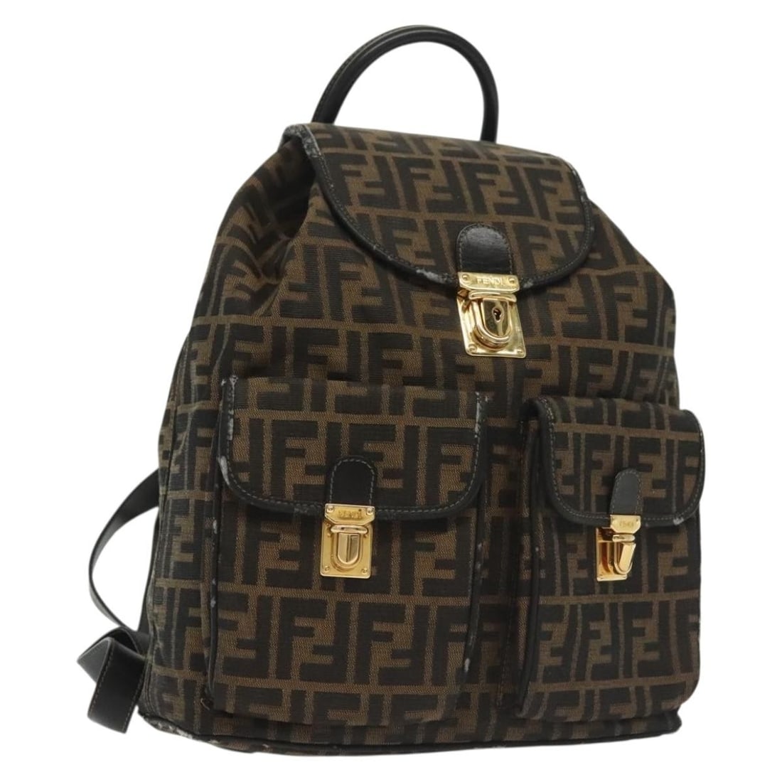 Fendi Zucca Canvas Backpack Black Brown with Key Clochette: Fendi Zucca Canvas Backpack Black Brown with Key Clochette Authentic Fendi backpack in black and brown Zucca canvas. This women's backpack includes one key and a clochette. Condition is heavily used, 