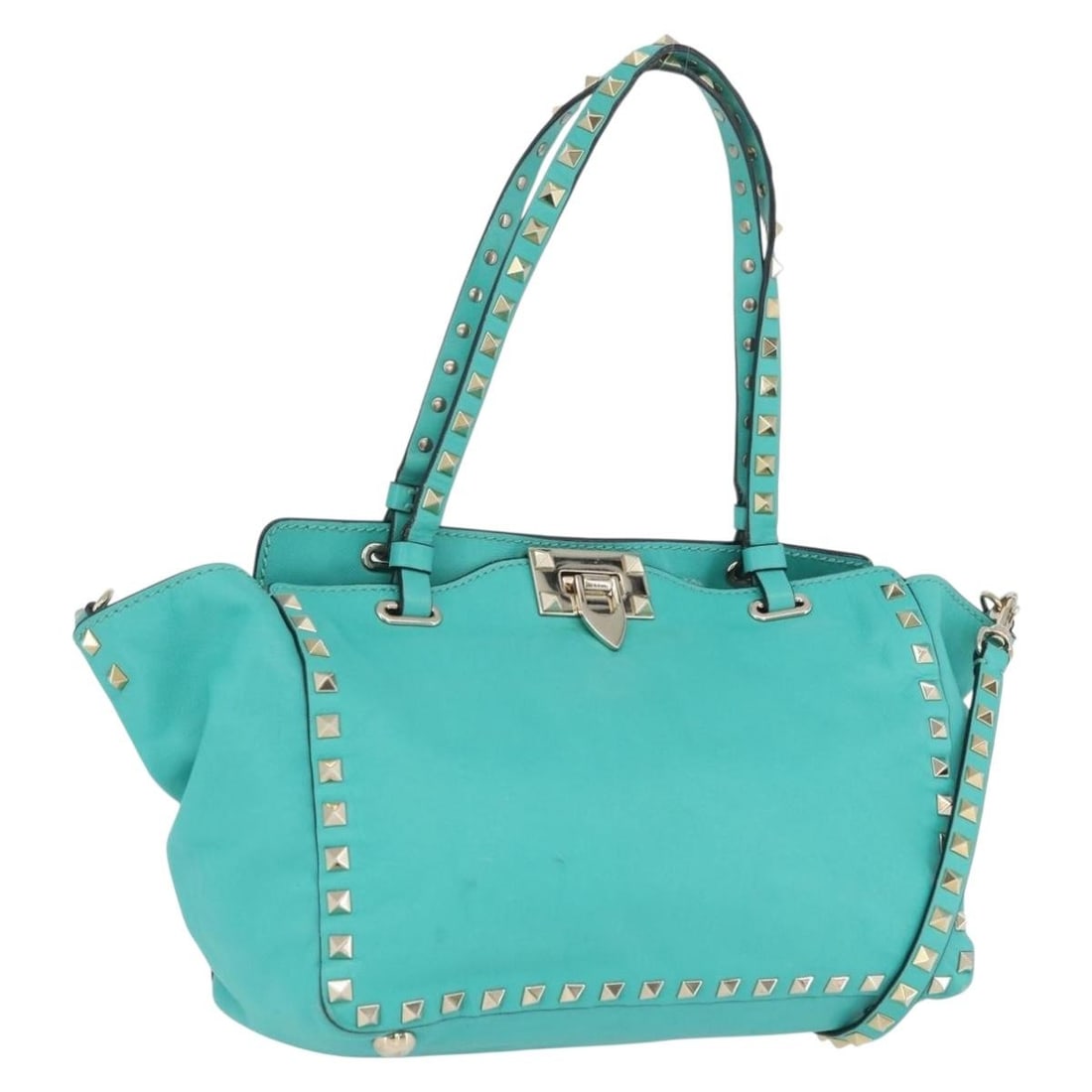 Green Leather Valentino Rockstud Handbag with Gold Tone Hardware and Strap: Green Leather Valentino Rockstud Handbag with Gold Tone Hardware and Strap This Valentino Rock Studs handbag features a two-way design crafted from green leather with gold-tone accents. Designed for w