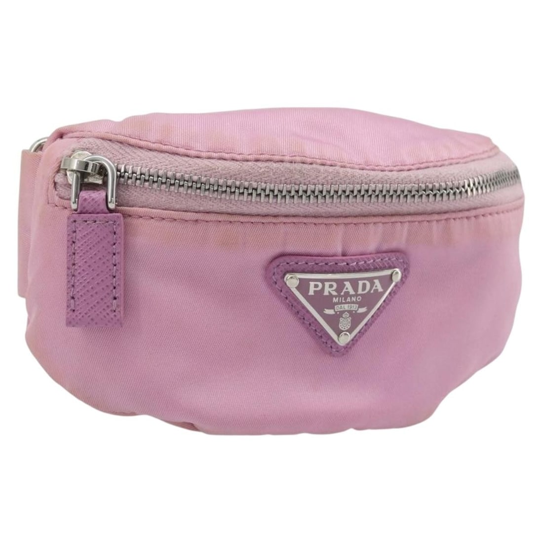 Prada Nylon Arm Pouch Pink Silver Tone with Box: Prada Nylon Arm Pouch Pink Silver Tone with Box Authentic Prada arm pouch in pink and silver nylon with a compact silhouette and included item box. Made in Italy, this women's pouch shows heavy use wi