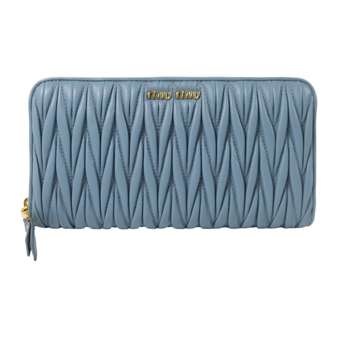 Miu Miu 5ML506 zip around long wallet blue lambskin leather: Miu Miu 5ML506 zip around long wallet blue lambskin leather Miu Miu around long wallet in blue lambskin (sheep leather), designed for women. It features a long wallet layout with multiple compartments