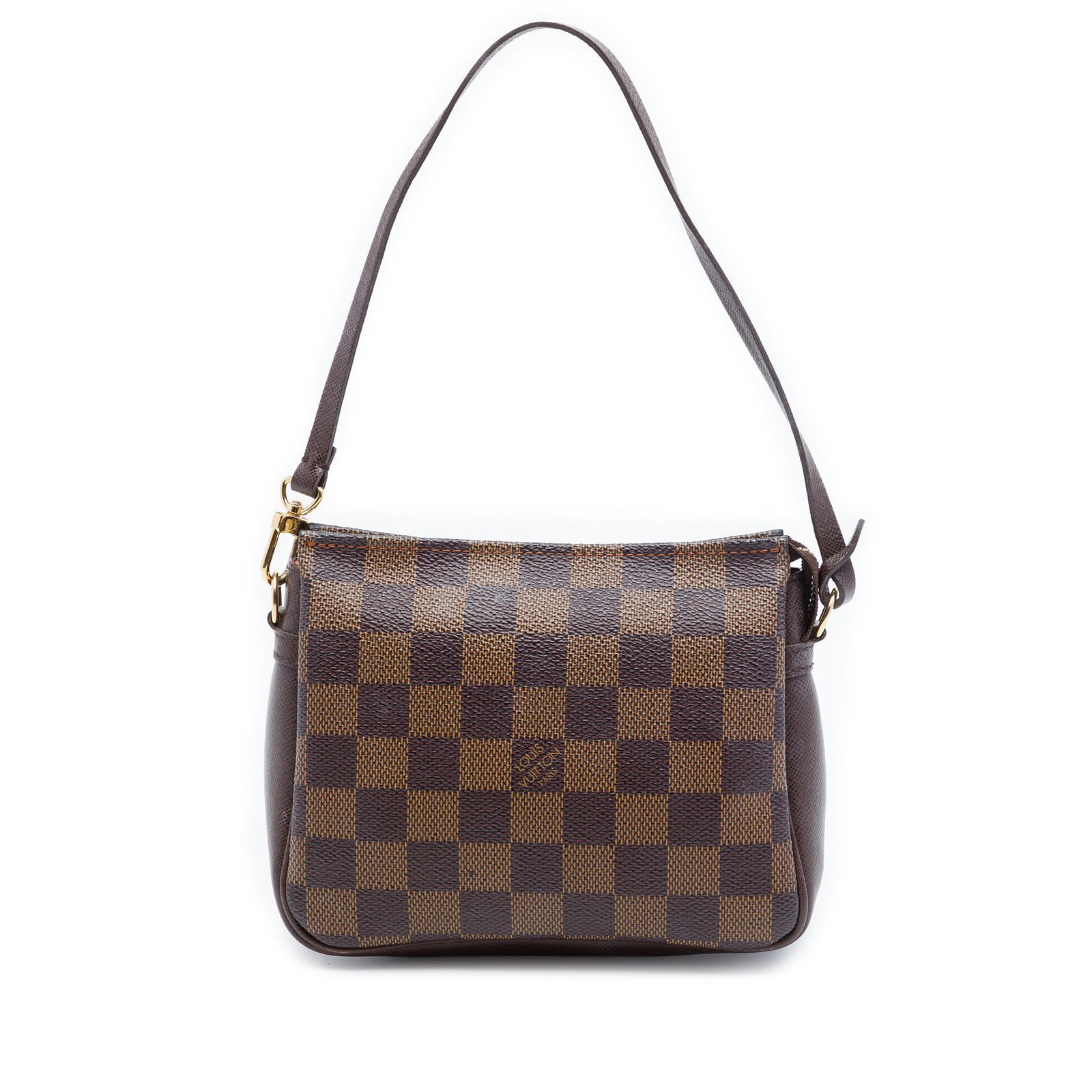 Louis Vuitton Damier Ebene Trousse Pochette Brown Canvas Bag: Louis Vuitton Damier Ebene Trousse Pochette Brown Canvas Bag Louis Vuitton Damier Ebene Trousse Pochette crafted with a Damier Ebene canvas body, leather trim, a flat leather strap, and a top zip clos