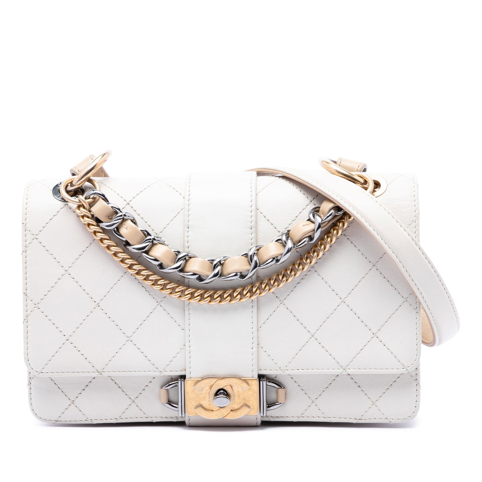 Chanel CC Chain Flap White Stitched Calfskin Shoulder Bag: Chanel CC Chain Flap White Stitched Calfskin Shoulder Bag Chanel CC Stitched Calfskin Chain Flap satchel in white leather with a front flap and CC turn-lock closure. The bag features chain-link and le