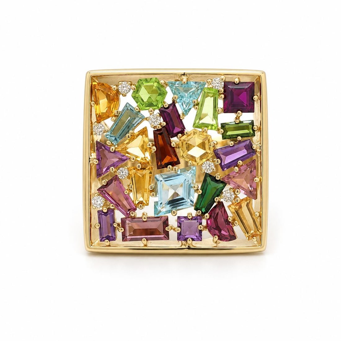 Unbranded 18k Yellow Gold Cocktail Ring with Gemstones and 8 Diamonds: Unbranded 18k Yellow Gold Cocktail Ring with Gemstones and 8 Diamonds Pre-owned cocktail ring featuring numerous natural genuine multi-color gemstones in different shapes with prong-set round brillian