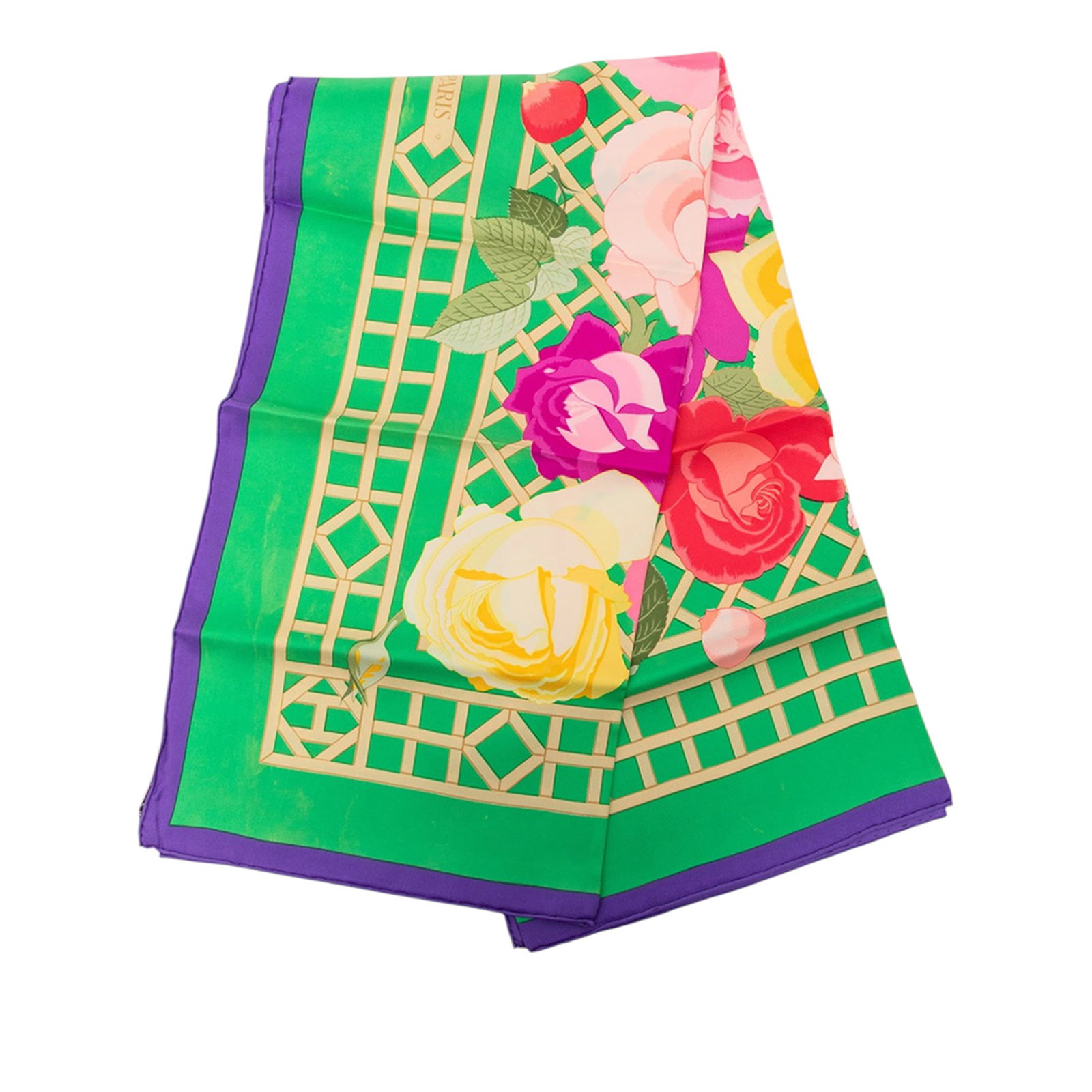 Hermes Roseraie 90 Silk Scarf Green: Hermes Roseraie 90 Silk Scarf Green Hermes Roseraie Silk Scarf 90 in green with the Roseraie print, crafted from 100% silk. Made in France. Condition AB with noted cut stitching and staining on the
