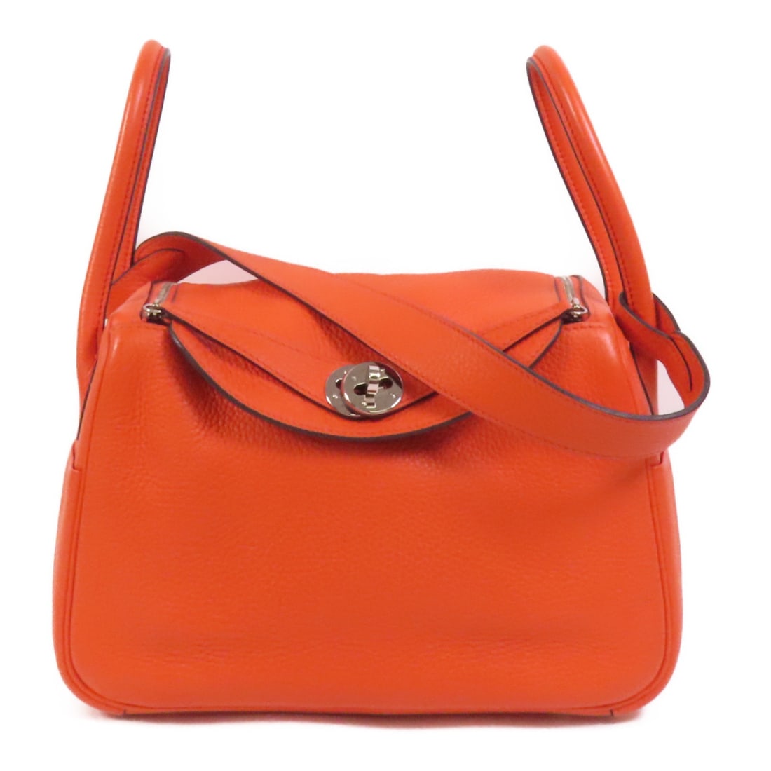 Hermes Lindy 26 Taurillon Clemence 2way Shoulder Bag PHW Capucine: Hermes Lindy 26 Taurillon Clemence 2way Shoulder Bag PHW Capucine Hermes Lindy 26 2 Way Shoulder Bag in Taurillon Clemence leather and calfskin (cowhide), presented in Capucine x Orange x Feu. It feat
