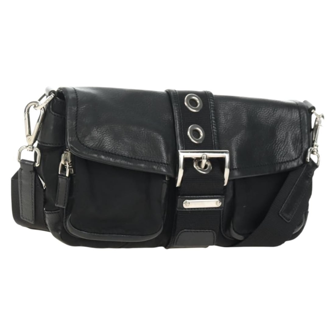 PRADA Black Nylon Shoulder Bag with Dust Bag Silver Tone: PRADA Black Nylon Shoulder Bag with Dust Bag Silver Tone This Prada shoulder bag is crafted from nylon in black and silver, with a structured silhouette and shoulder strap. Made in Italy, it comes wit