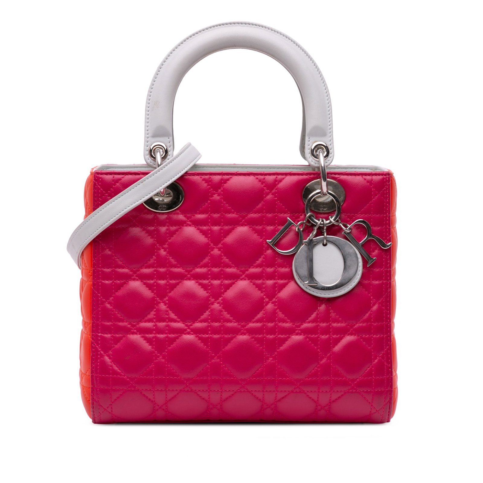 Dior Medium Tricolor Lambskin Cannage Lady Dior Bag Pink: Dior Medium Tricolor Lambskin Cannage Lady Dior Bag Pink The Medium Tricolor Lambskin Cannage Lady Dior bag showcases a luxurious quilted design made from tricolor lambskin leather. It features flat l