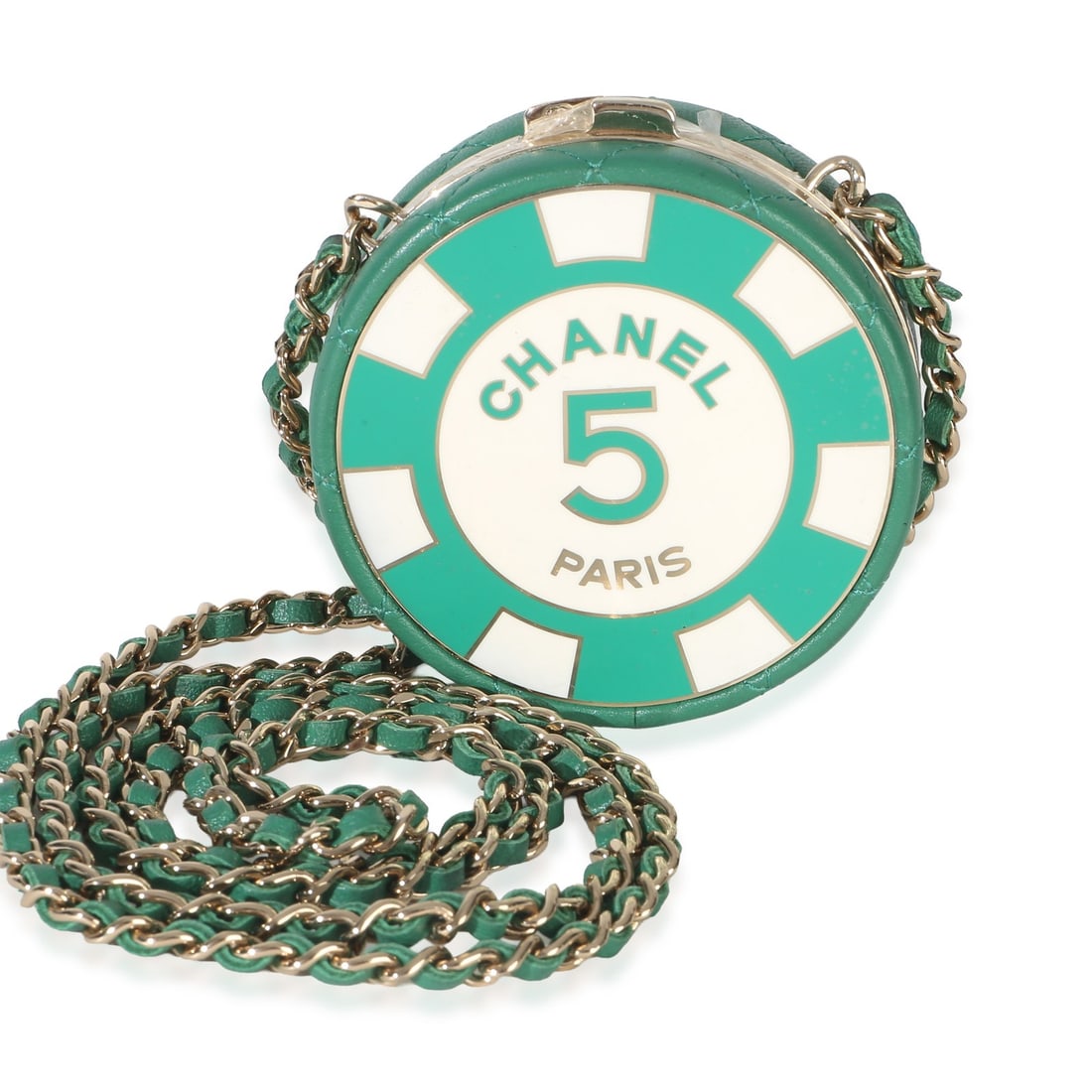Chanel Poker Chip With Chain Round Quilted Green Lambskin Clutch: Chanel Poker Chip With Chain Round Quilted Green Lambskin Clutch Pre-owned Chanel Poker Chip Clutch With Chain in green and white quilted lambskin with enamel detailing. This compact design features a