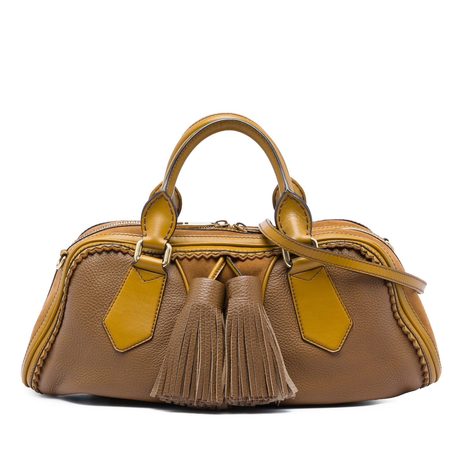 Burberry Hedwig Brown Leather Satchel with Suede Tassels: Burberry Hedwig Brown Leather Satchel with Suede Tassels Burberry Prorsum Hedwig satchel crafted in grained calfskin and suede with tassel detailing. This satchel features rolled leather handles, a de