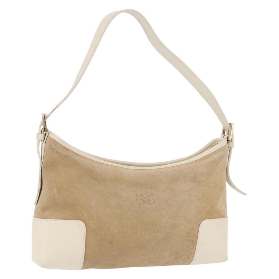 LOEWE Anagram Suede Shoulder Bag Beige Gold Tone Spain: LOEWE Anagram Suede Shoulder Bag Beige Gold Tone Spain LOEWE Anagram shoulder bag in beige suede with gold tone accents. Made in Spain, this women's shoulder bag includes a dust bag and features an ad