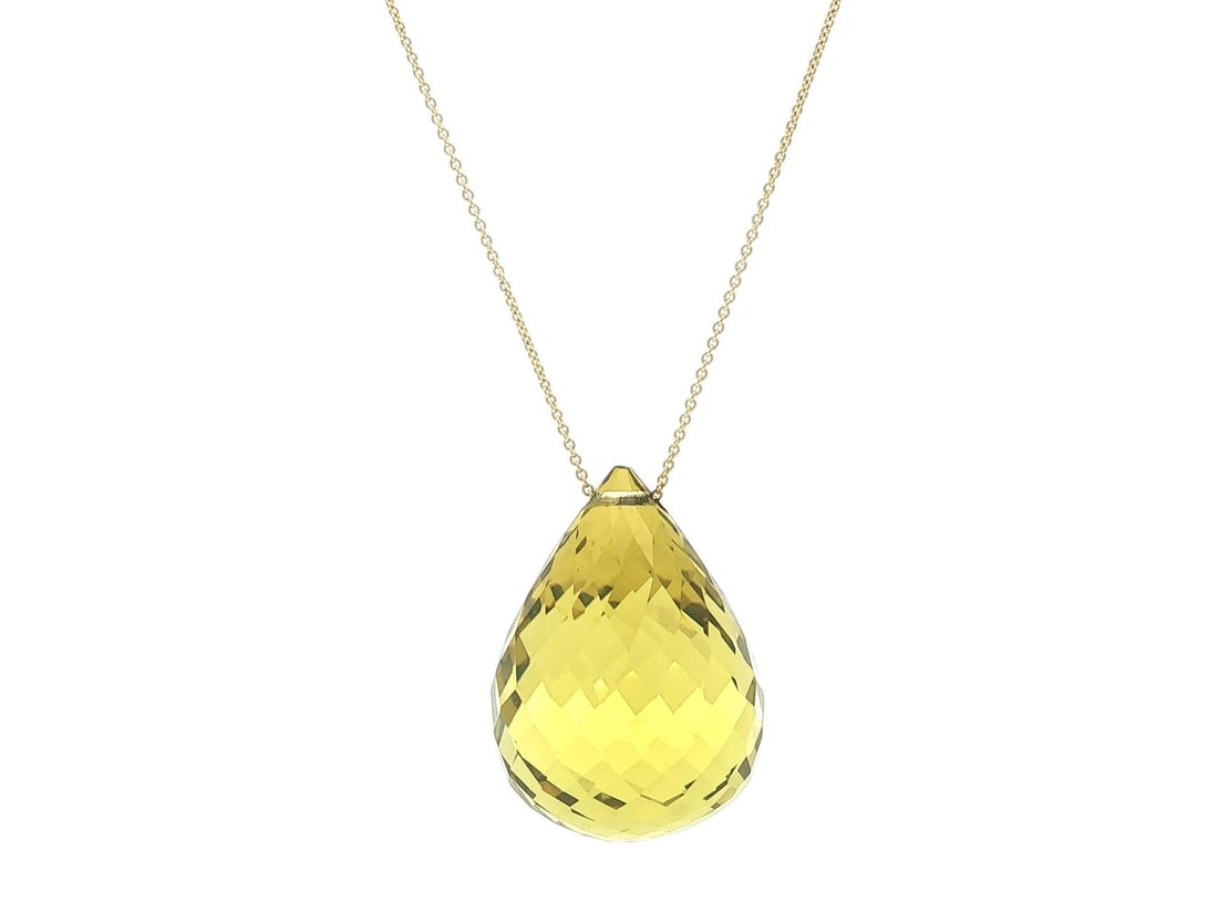 Unbranded 14K Yellow Gold Lemon Quartz Briolette Pendant Necklace 17in: Unbranded 14K Yellow Gold Lemon Quartz Briolette Pendant Necklace 17in Pre-owned women's necklace featuring a large natural genuine lemon quartz briolette slide pendant on a cable link chain. Crafted 