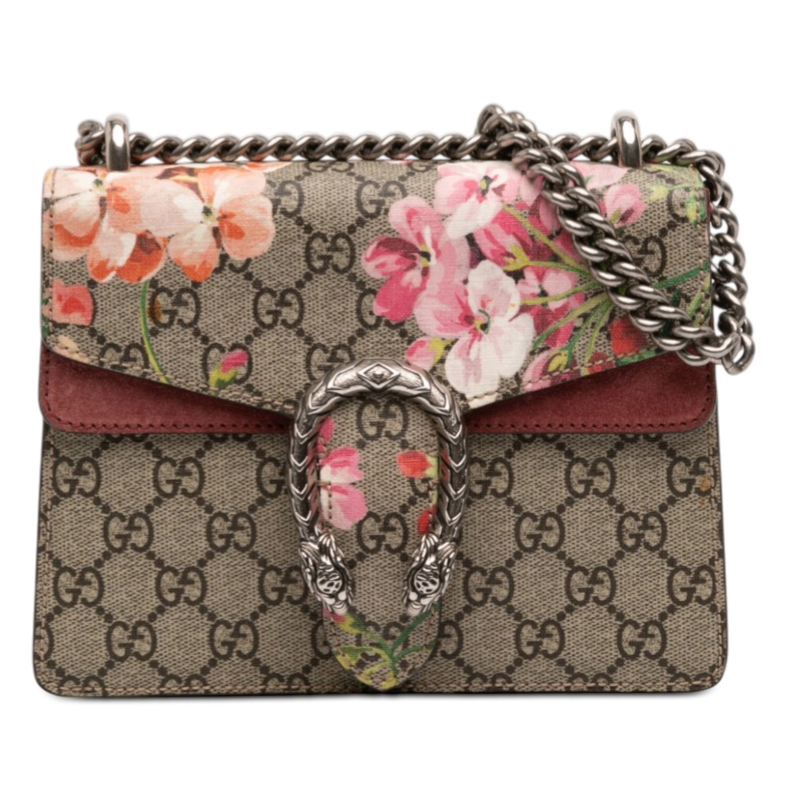 Gucci Dionysus Blooms Crossbody Bag GG Supreme Beige: Gucci Dionysus Blooms Crossbody Bag GG Supreme Beige This Gucci Small GG Supreme Blooms Dionysus Crossbody bag showcases a printed coated canvas body accented with suede leather trim and silver-tone c