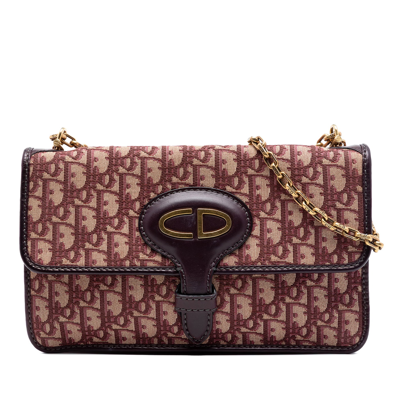 Dior Oblique Chain Crossbody Bag Red Canvas Leather Trim: Dior Oblique Chain Crossbody Bag Red Canvas Leather Trim Dior Oblique Canvas Chain Crossbody bag featuring a canvas body with leather trim, a chain link strap, a front flap with magnetic snap and slip