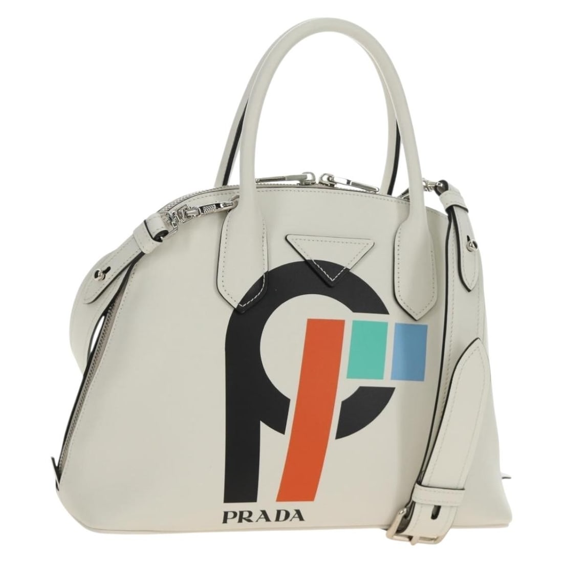 PRADA White Leather 2 Way Handbag with Shoulder Strap: PRADA White Leather 2 Way Handbag with Shoulder Strap This PRADA hand bag is crafted from leather in a white and silver color combination. It is a 2-way style with both a shoulder strap and handle, an