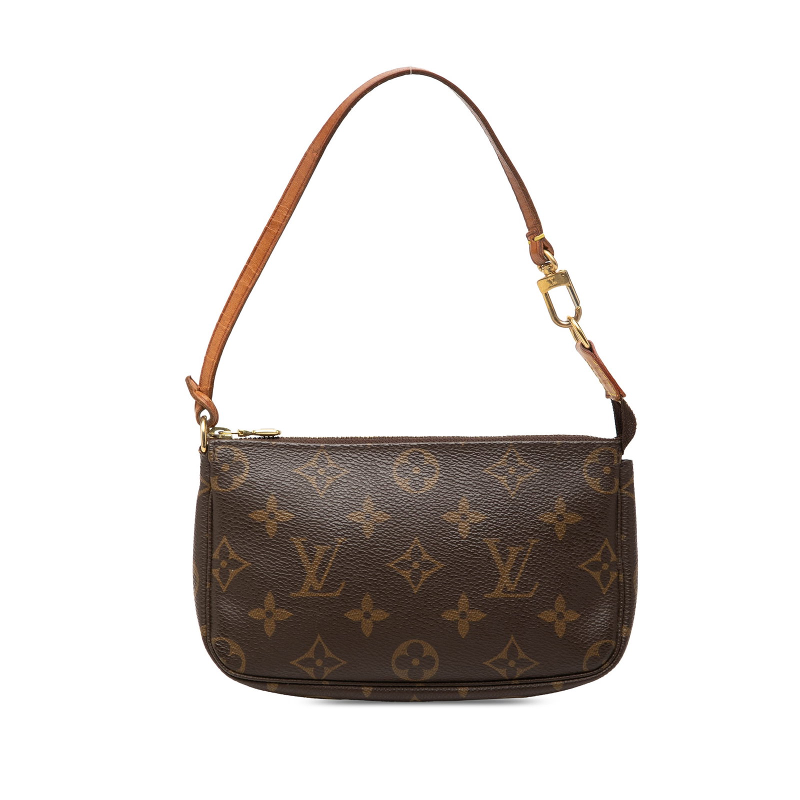 Louis Vuitton Monogram Mini Pochette Zip Pouch: Louis Vuitton Monogram Mini Pochette Zip Pouch Louis Vuitton Monogram Mini Pochette Accessoires in brown monogram canvas with a flat vachetta leather handle and top zip closure. Made in France. Condit