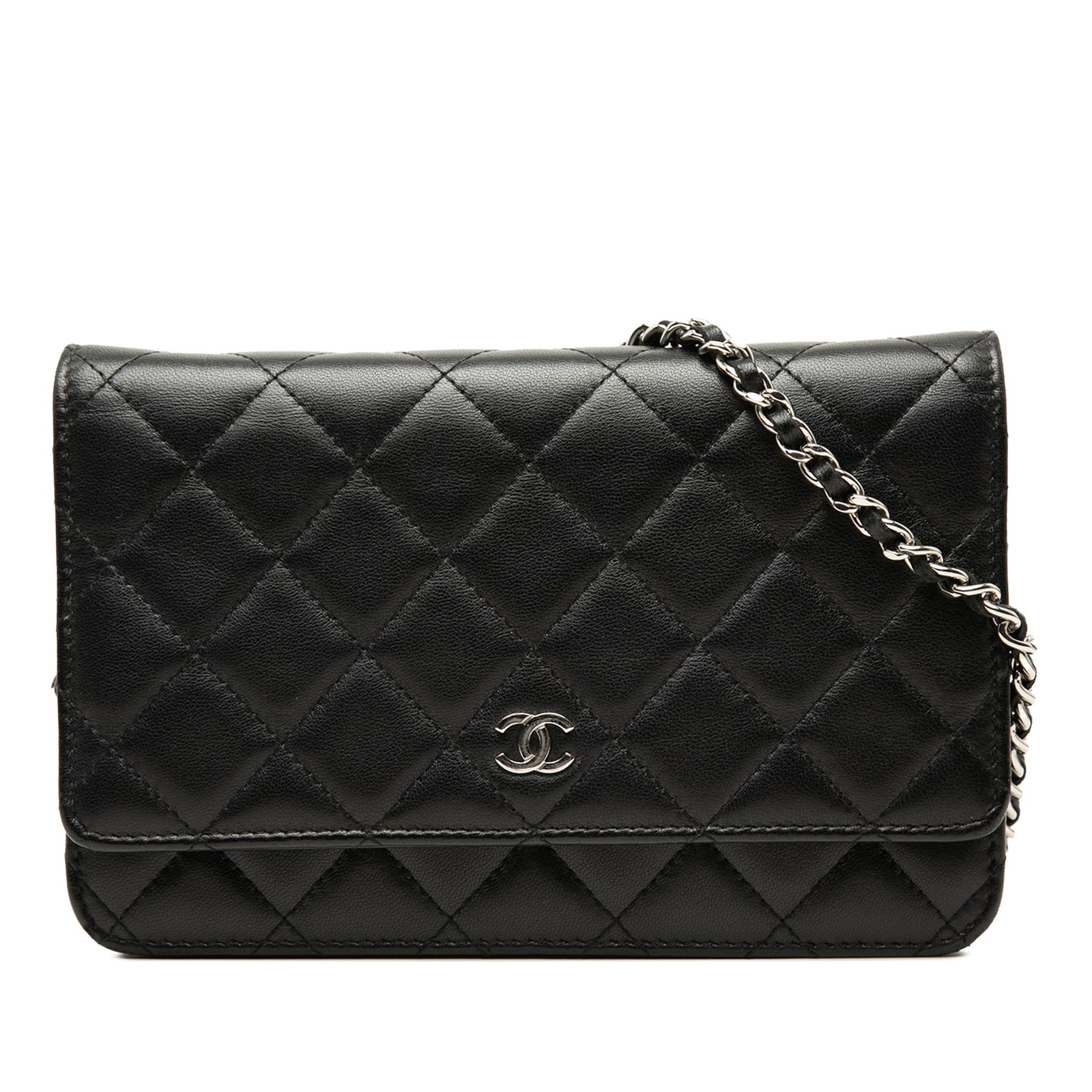 Chanel Wallet On Chain Black Quilted Lambskin CC Flap Bag: Chanel Wallet On Chain Black Quilted Lambskin CC Flap Bag A Chanel CC Quilted Lambskin Wallet On Chain in black, crafted with a quilted lambskin leather body and a leather woven chain shoulder strap. 